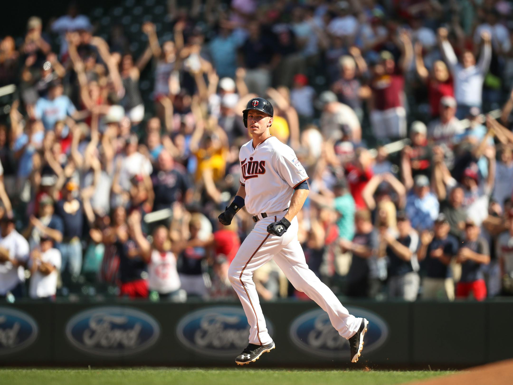The Twins' Max Kepler watched teammates Brian Dozier and Joe Mauer score after he a three-run home run against Boston last season.