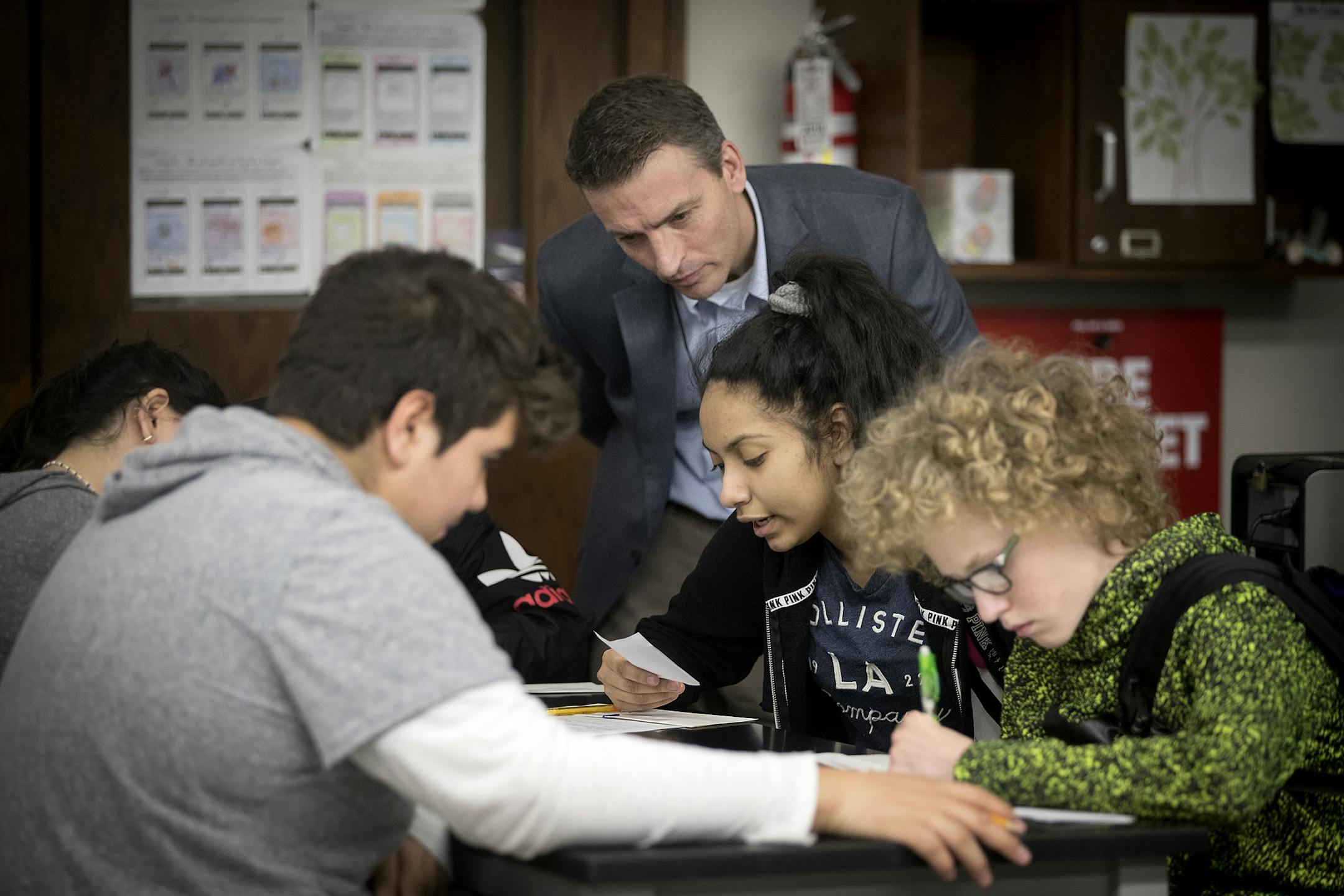 Minneapolis Superintendent Ed Graff listened as students from Lake View High School learned about empathy through a class activity, Monday, March 20, 2017 in Chicago, IL.