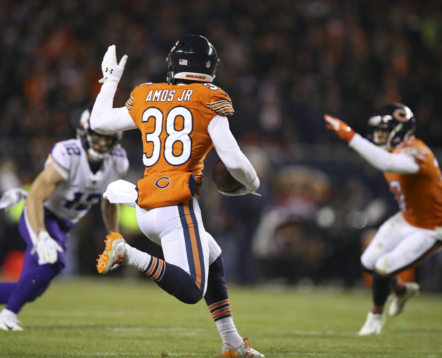 Bears strong safety Adrian Amos (38) intercepted a Vikings pass with less than a minute left in the second quarter, ending any chance of a Minnesota TD in the first half. ] JEFF WHEELER &#xef; jeff.wheeler@startribune.com The Minnesota Vikings faced the Chicago Bears in a Sunday Night Football game on November 18, 2018 at Soldier Field in Chicago.