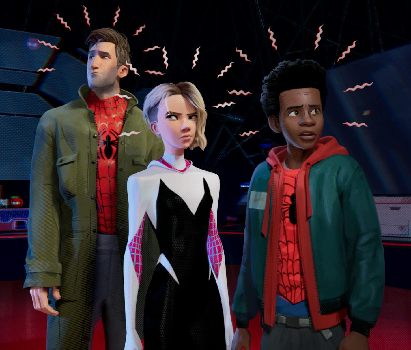 Peter Parker (Jake Johnson), Gwen Stacy (Hailee Steinfeld) and Miles Morales (Shameik Moore) in Sony Pictures Animation's SPIDER-MAN: INTO THE SPIDER-VERSE.