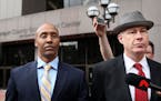 Former Minneapolis police officer Mohamed Noor, left, appeared in Hennepin County District Court with his attorney, Thomas Plunkett but left court wit