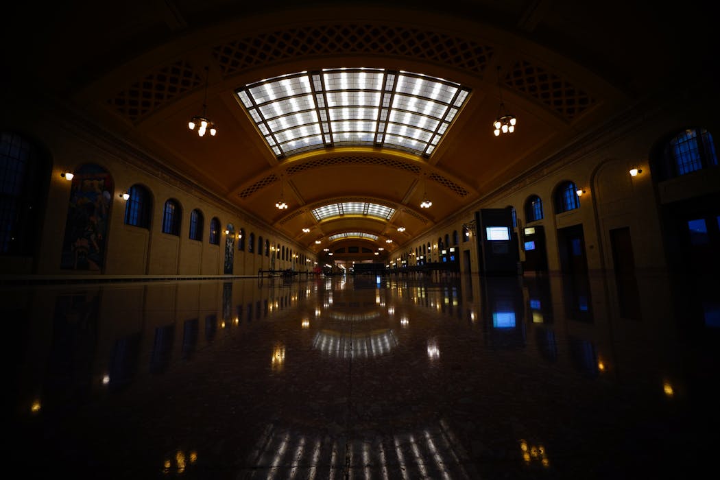 The waiting room inside Union Depot is 300 by 70 feet and has a decorative ceiling. Sixty-three steel windows encircle the space to allow in natural light.