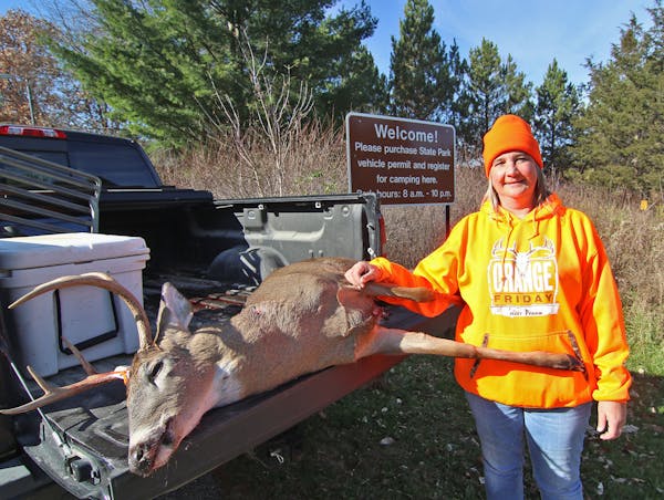Vicki Britt of New Richland, Minn., with a six-point buck she shot Saturday morning at the special hunt inside William O'Brien State Park. Photo by To
