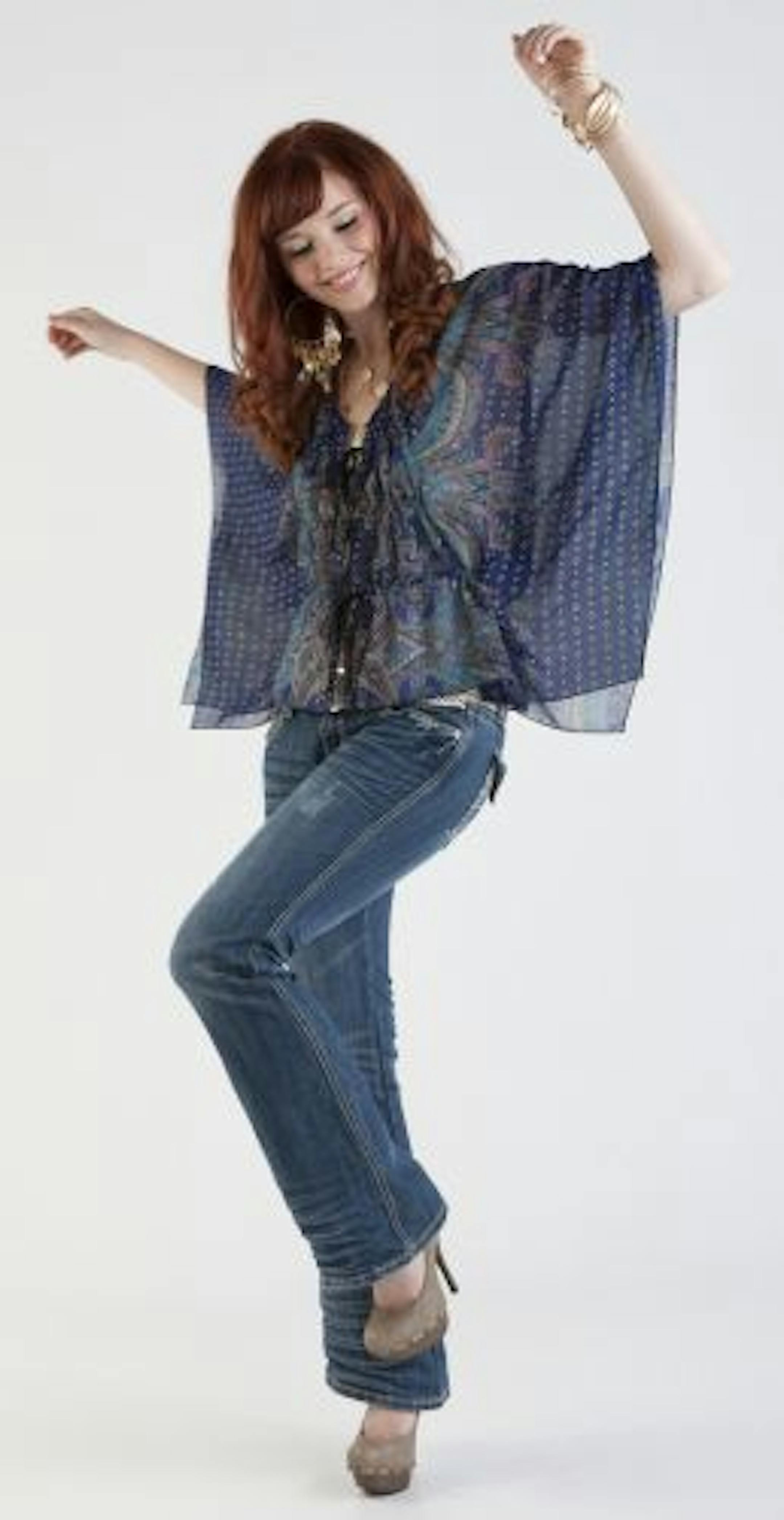 Dots Bohemian Spring 2011: Dots Hammered Bangle Set $6; Dots Hammered Disc Necklace $8; Dots Paisley Tie-Front Kabuki $16; Dots Heavy Stitch Flare Jean $22.