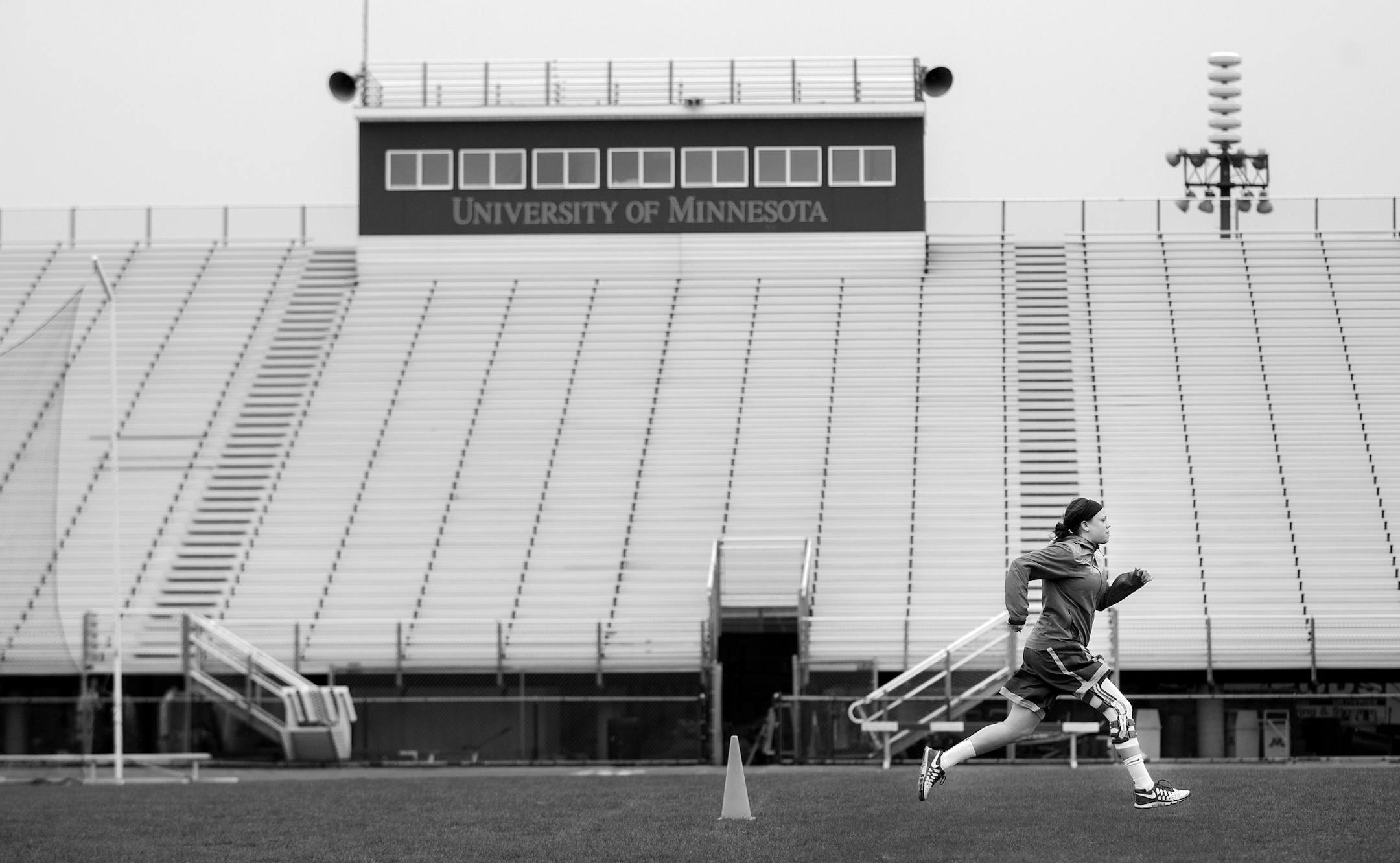 Rachel Banham ran in the rain during a workout on April 23, 2015. Banham was cleared to run for the first time earlier that week after her season ending injury in back in December of 2014. Although the injury happened during her senior year Banham received a medical hardship waiver to return for 2015-16 season.