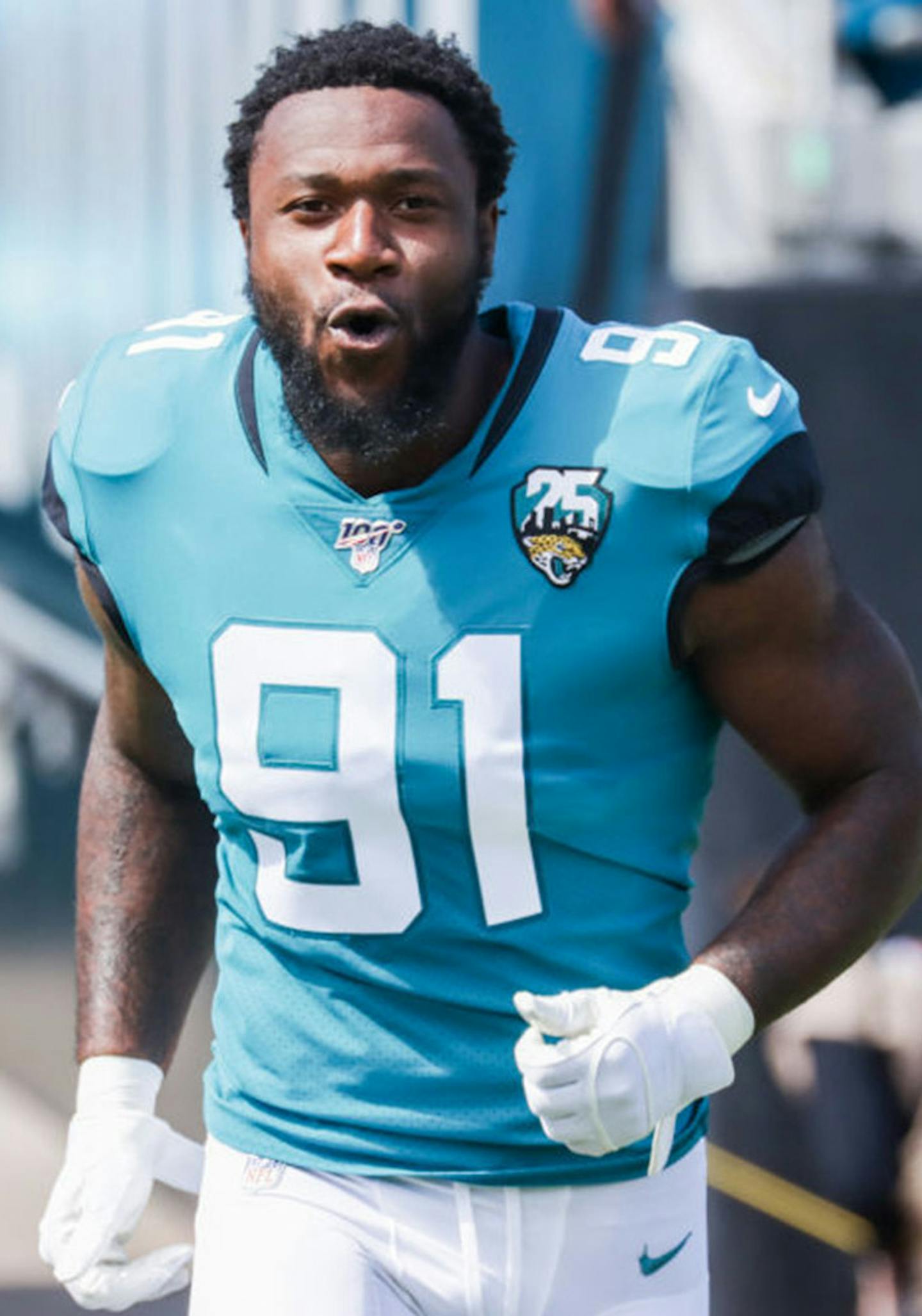 Yannick Ngakoue of the Jacksonville Jaguars charges onto the field to face the New Orleans Saints at TIAA Bank Field in Jacksonville, Florida, on October 13, 2019. (Harry Aaron/Getty Images/TNS) ORG XMIT: 1716645