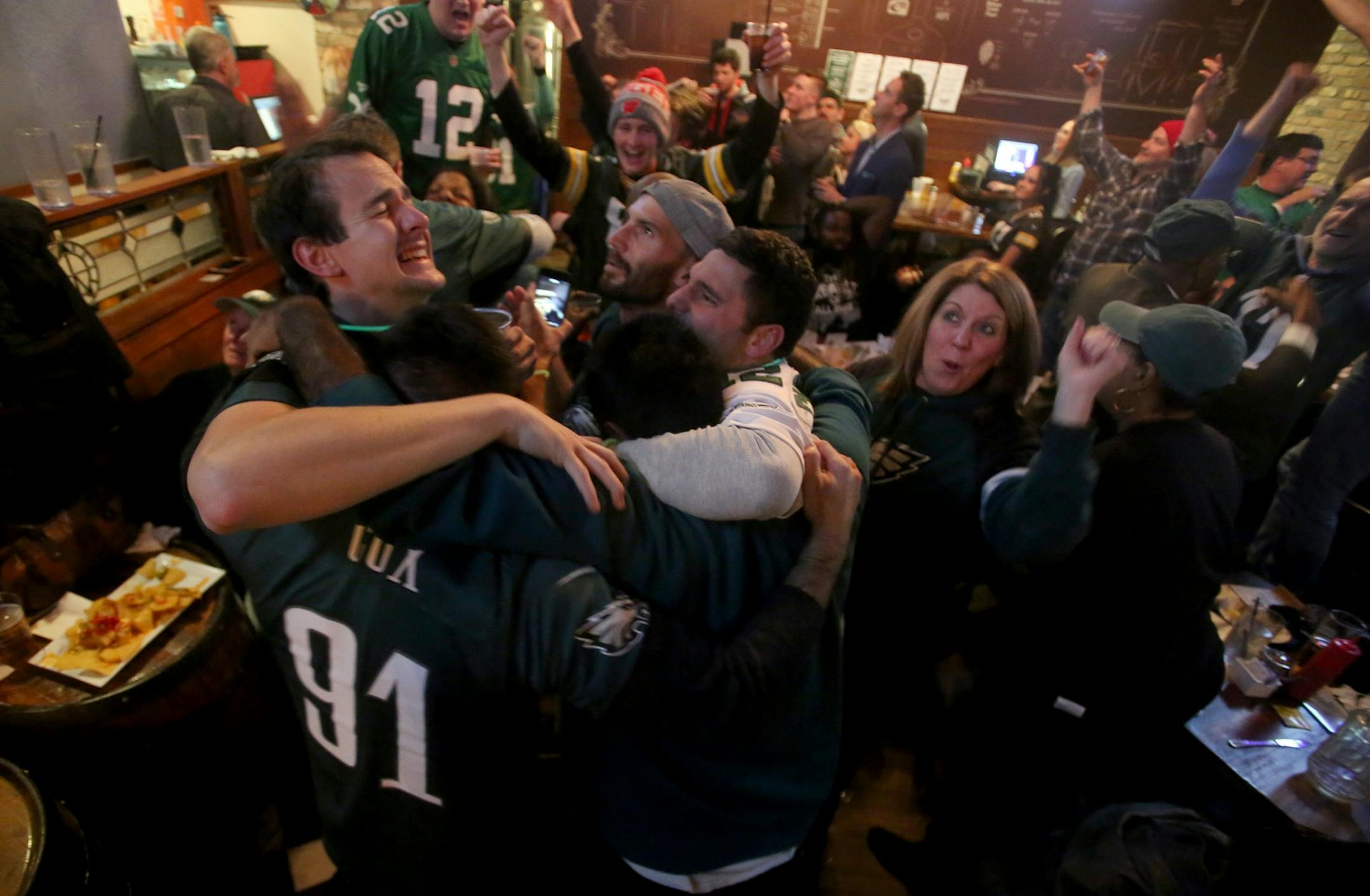 It was a jubilant, tearful scene for some as Philadelphia Eagles fans took in the game at the Town Hall Brewery during the waning moments of the Eagles 41-33 win over the New England Patriots Sunday, Feb. 4, 2018, in Minneapolis, MN.