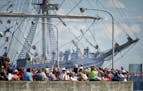 The SS Sorlandet passed through the canal under the lift bridge. Nine tall ships, schooners, brigs and a barquentine came into Duluth Harbor Thursday,