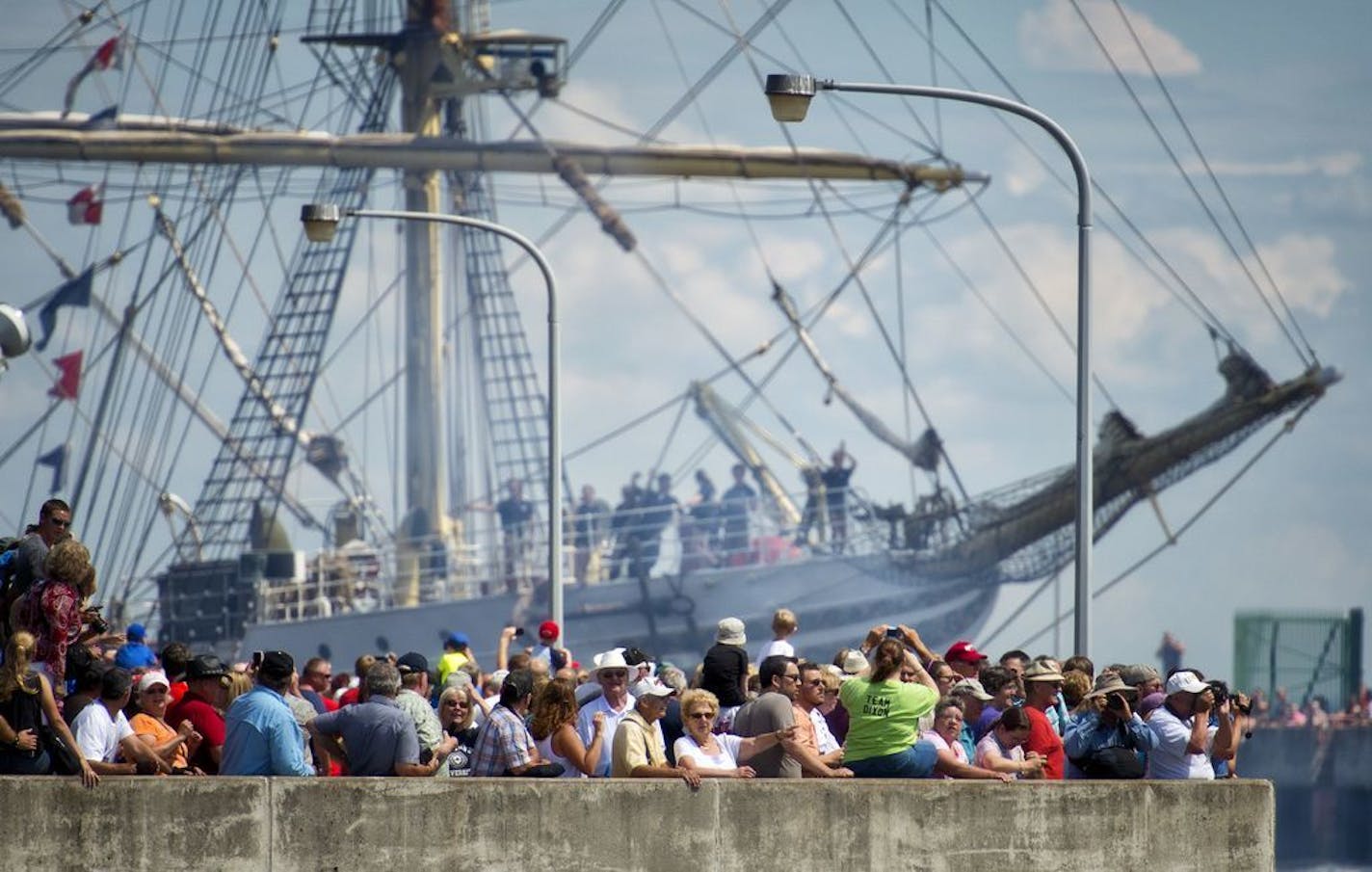 The SS Sorlandet passed through the canal under the lift bridge. Nine tall ships, schooners, brigs and a barquentine came into Duluth Harbor Thursday, July 25, 2013 in the parade of ships for the start of Tall Ships Duluth 2013. Events go through Sunday. A full schedule can be found at VisitDuluth.com/TallShips2013.