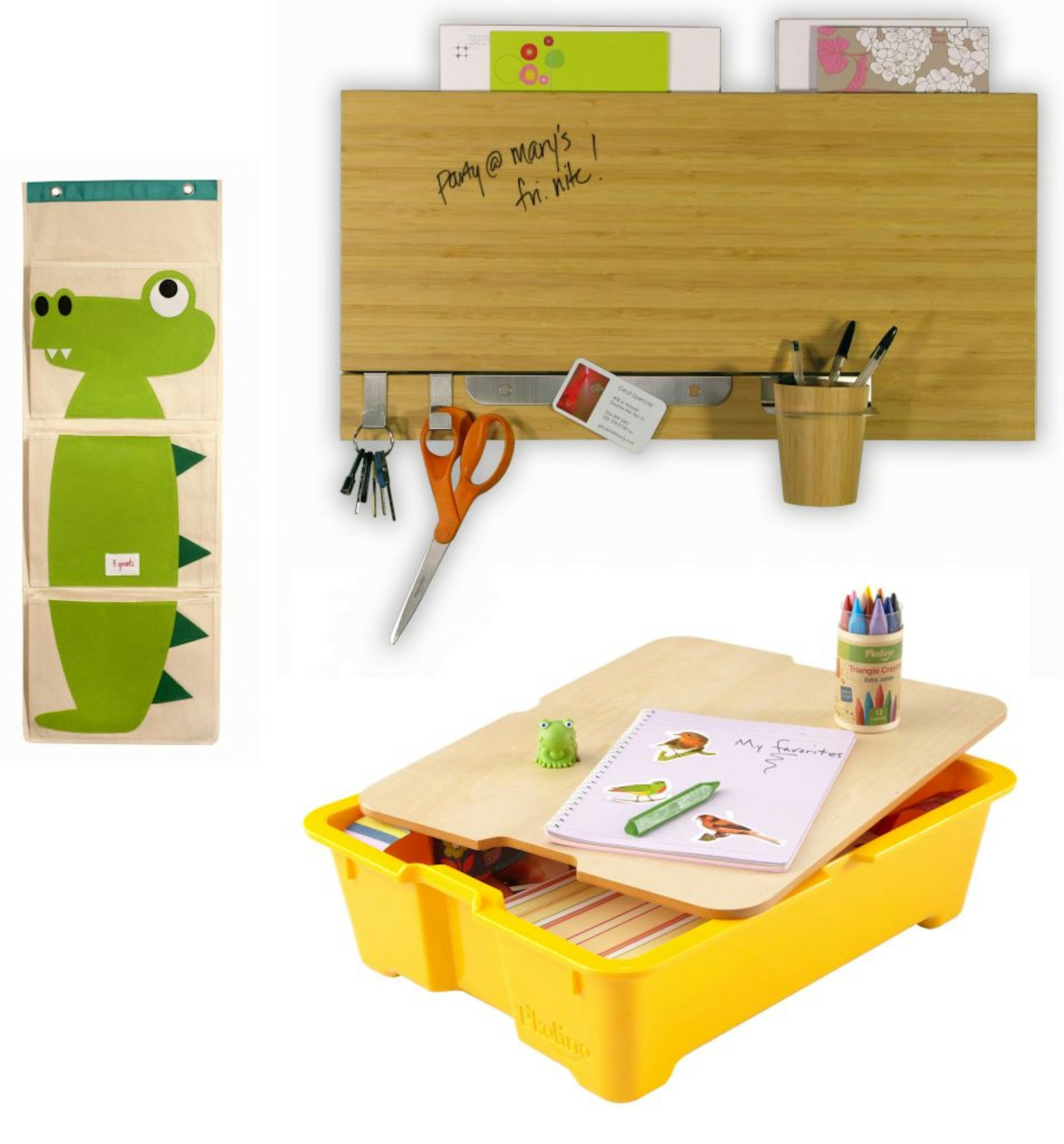 From left, an alligator wall organizer helps clear up a closet; a bamboo dry-erase channel panel holds messages and more; Write Side Up storage bin keeps art supplies together.