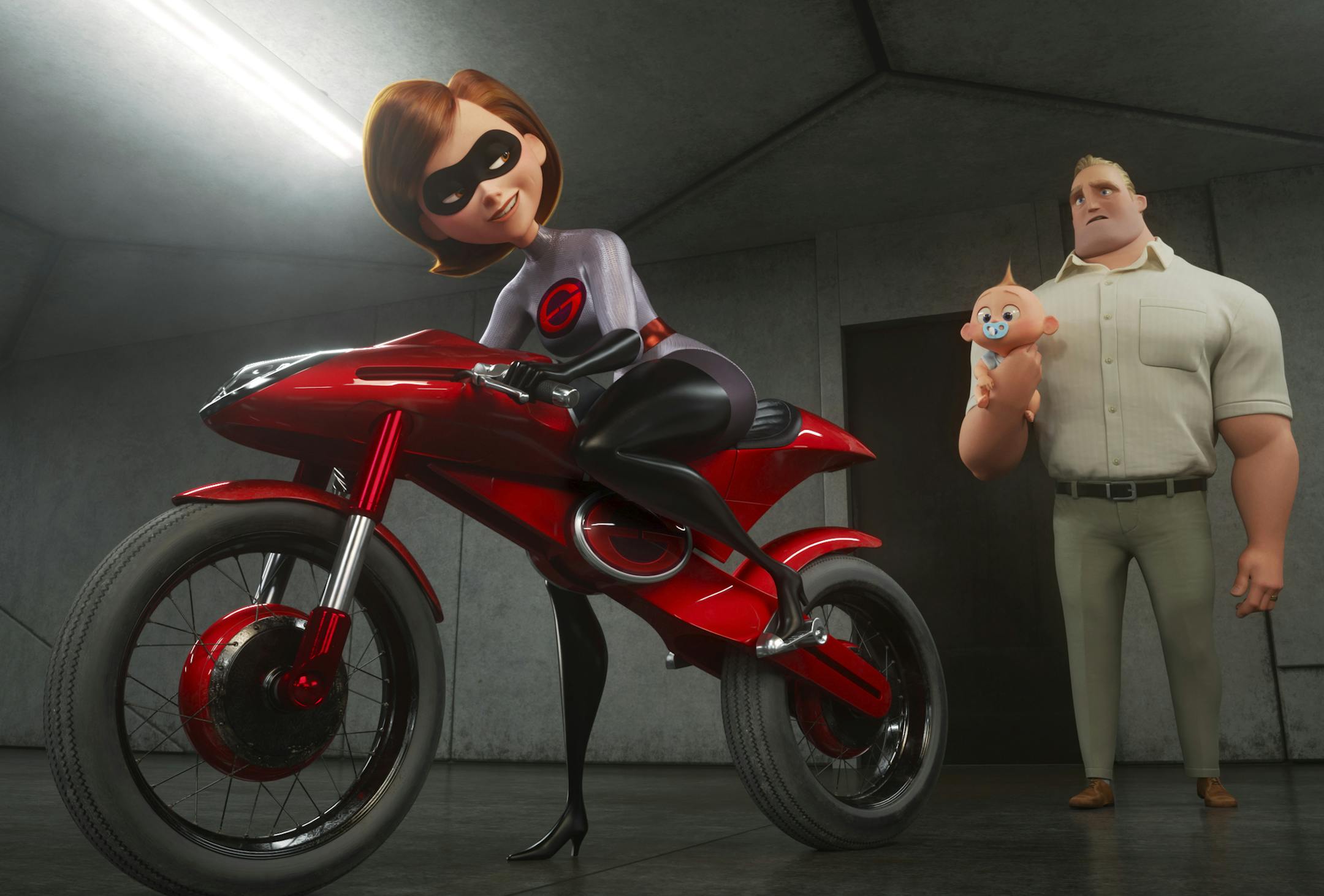 This image released by Disney Pixar shows the character Helen/Elastigirl, voiced by Holly Hunter, left, and Bob/Mr. Incredible, voiced by Craig T. Nelson in "Incredibles 2."