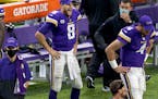 Minnesota Vikings quarterback Kirk Cousins (8) on the sidelines in the final second of the game.