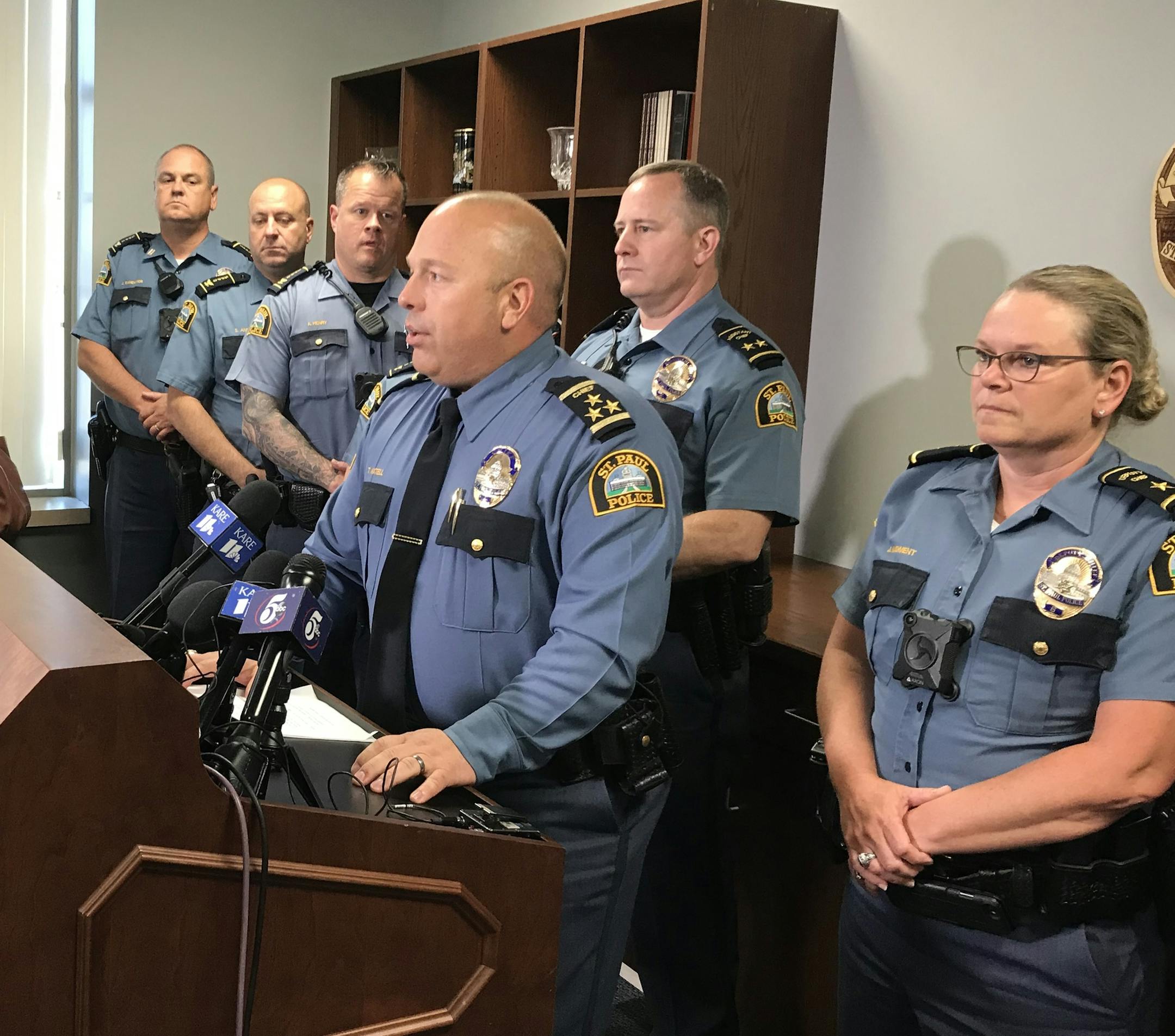 St. Paul Police Chief Todd Axtell announced the firing of five police officers for failing to intervene in an assault last year.