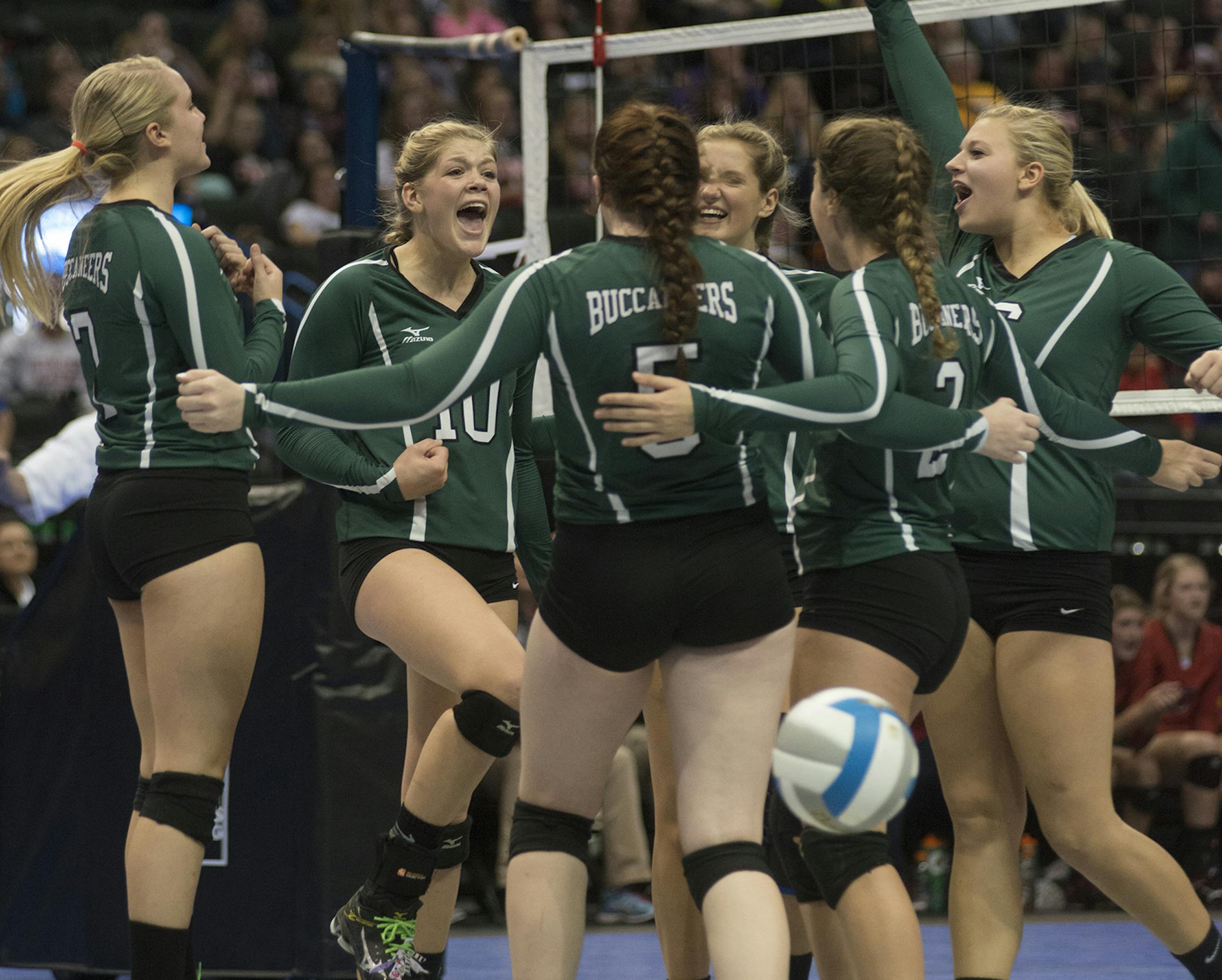 The Waterville-Elysian-Morristown volleyball team celebrates after winning the first two sets straight against Bethlehem Academy during the Girls 1A State Volleyball Championship Saturday at the Xcel Energy Center. ] (Matthew Hintz, 111515, St. Paul)