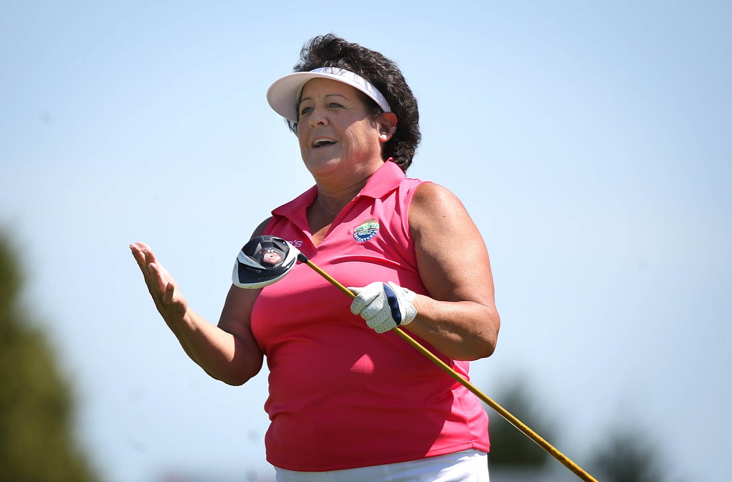 Nancy Lopez watched her drive off the first tee during the Greats of Golf Challenge. ]JIM GEHRZ • james.gehrz@startribune.com / Blaine, MN / August 1, 2015 / 11:00 AM – BACKGROUND INFORMATION: Second round action of the 3M Championship golf tournament at TPC Twin Cities in Blaine. Also the Greats of Golf Competition was played, with players teeing off after the tournament golfers in the morning. Great players from the past scheduled to play include, Jack Nicklaus and Gary Player.