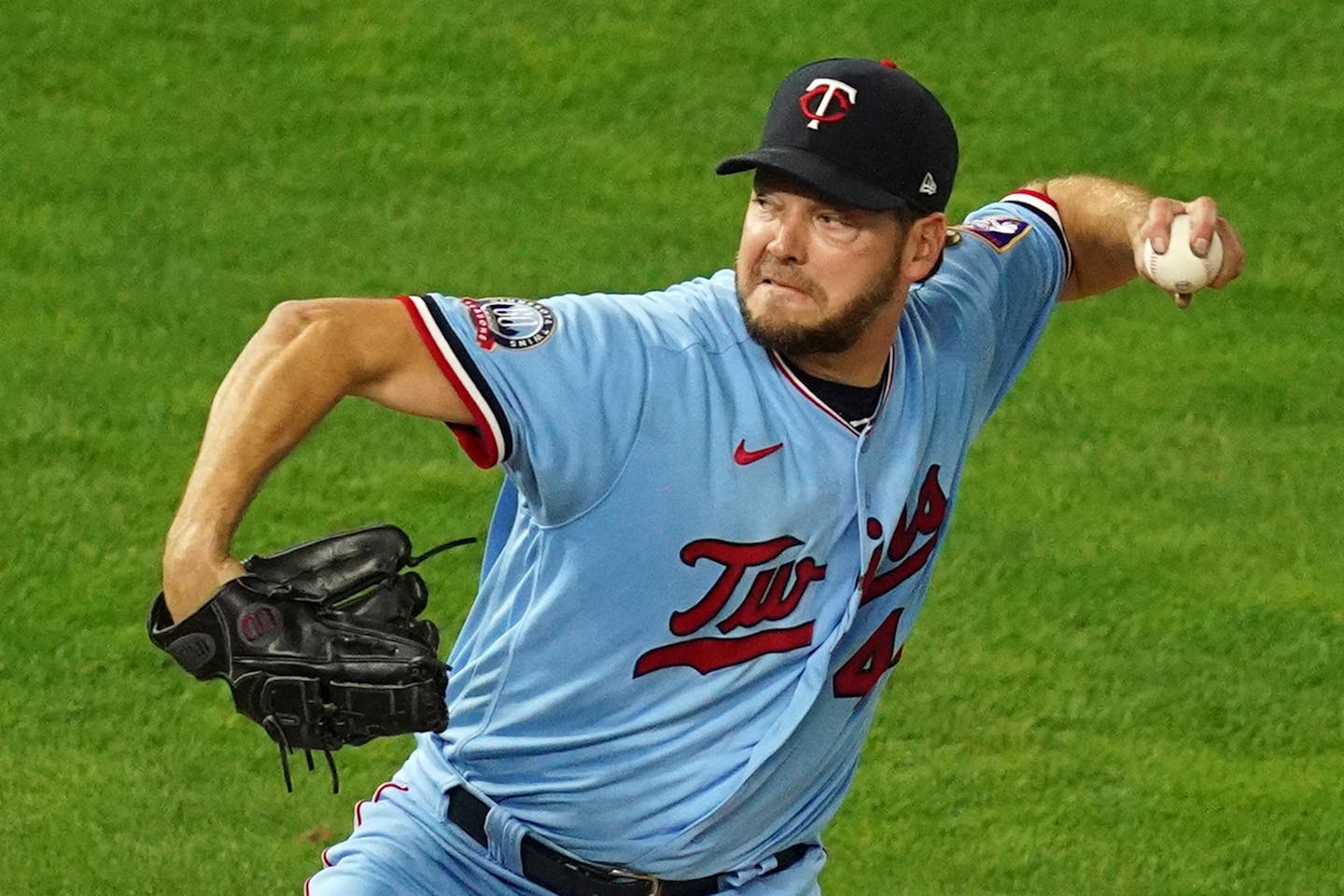 Minnesota Twins starting pitcher Rich Hill (44) delivered a pitch in the fourth inning. ] ANTHONY SOUFFLE • anthony.souffle@startribune.com The Minnesota Twins played the Cleveland Indians in the second game of a three game MLB series Saturday, Sept. 12, 2020 at Target Field in Minneapolis.