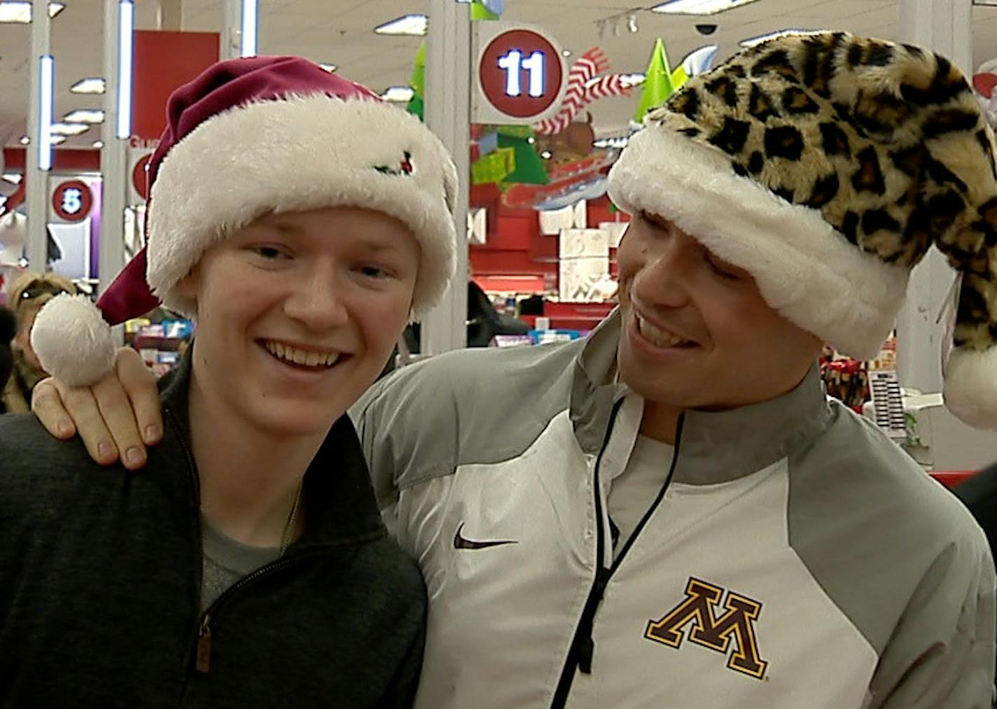 Credit Gopher Digital Properties. Peter Mortell, right, and cancer survivor Casey O&#xed;Brien shopped at a Target in New Brighton for Christmas presents for teenage patients at the University of Minnesota Masonic Children&#xed;s Hospital. Mortell, a punter on the Gophers football team, raised nearly $25,000 through donations for the cause.