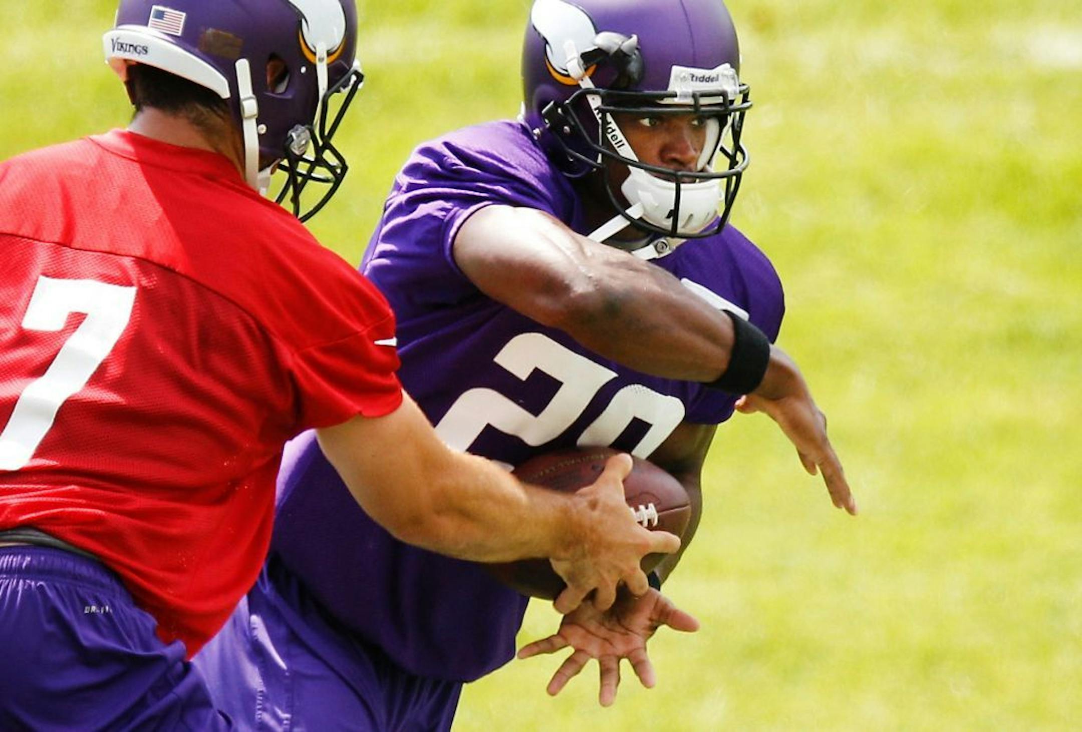 In this photo taken June 18, 2013, Minnesota Vikings running back Adrian Peterson (28) gets the handoff from quarterback Christian Ponder (7) during NFL football minicamp at Winter Park, Tuesday, June 18, 2013, in Eden Prairie, Minn. In training camp, an allergic reaction to shellfish caused Peterson to gasp for air as his throat swelled. Vikings staff had epinephrine injections handy, and the star running back was soon out of trouble. Now, Peterson has added EpiPen to his portfolio of sponsorsh