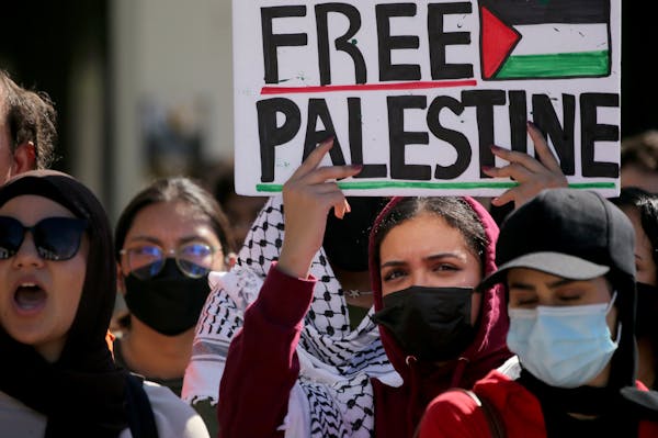 Cal State Long Beach students hold a campus rally in support of of Palestinians amid the conflict between Israel and the Palestinian militant group Ha
