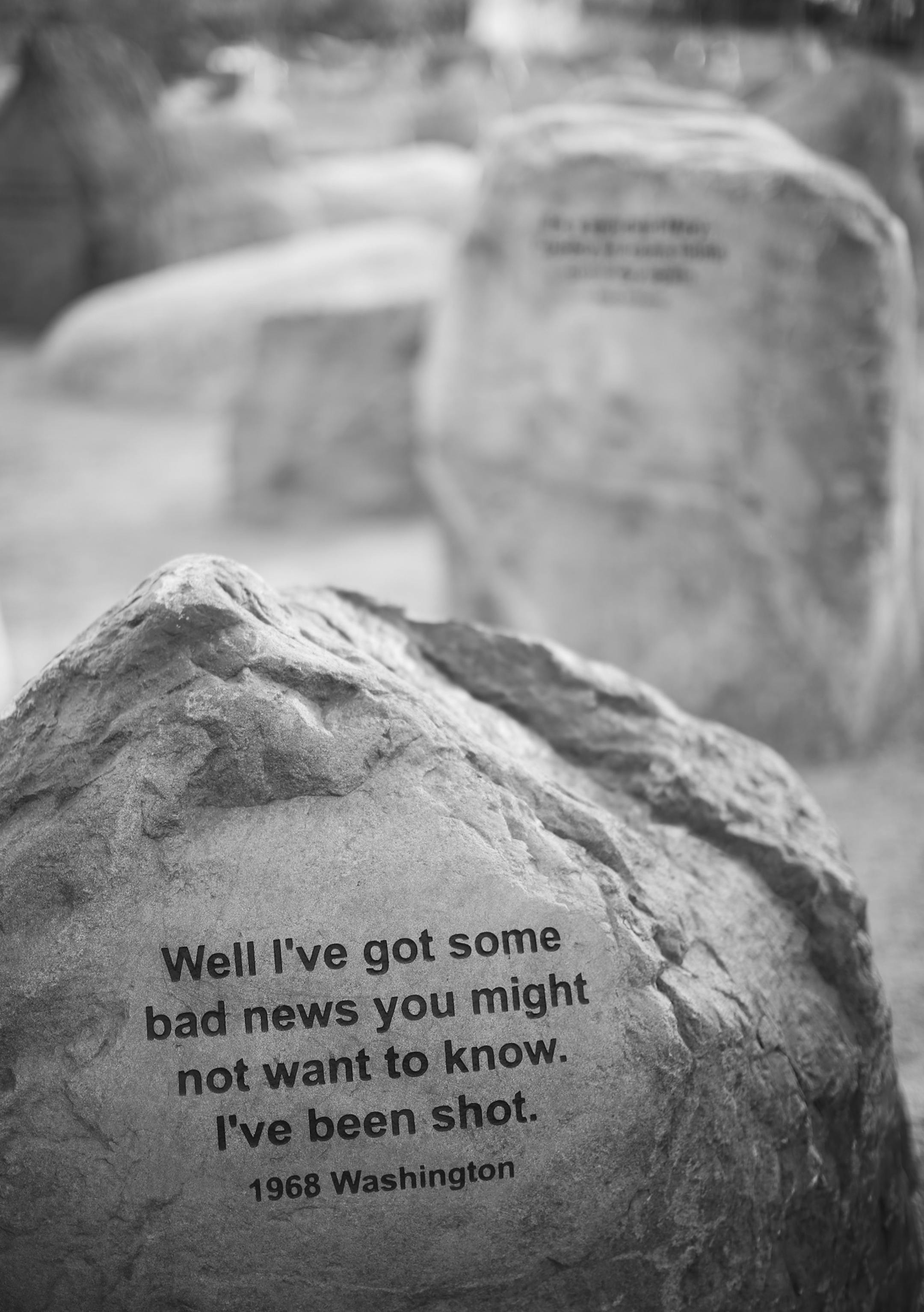 Detail of one of the Story Stones. ] JEFF WHEELER • jeff.wheeler@startribune.com The Military Family Tribute on the grounds of the State Capitol include a small collection of boulders called Story Stones that bear inscriptions of poignant snippets of correspondence between Minnesota servicemen and women and their families. There are 87 boulders - one for each Minnesota county - in the memorial, which was dedicated last June. The story stones were photographed on Sunday evening, May 22, 20