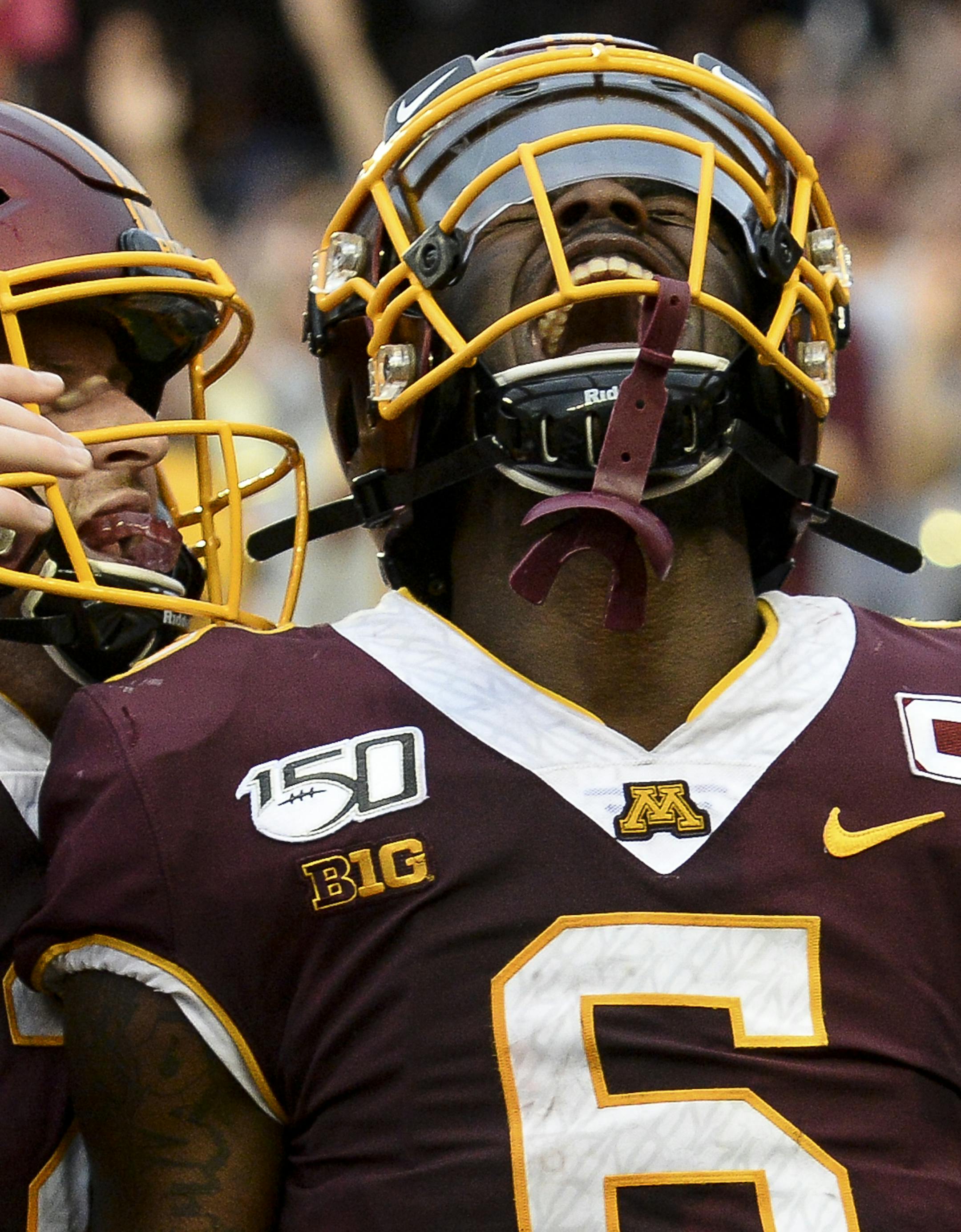 Gophers quarterback Tanner Morgan (2) and wide receiver Tyler Johnson (6) celebrated Johnson's game-winning touchdown with :13 left in the fourth quarter against the Georgia Southern Eagles. ] Aaron Lavinsky • aaron.lavinsky@startribune.com The Gophers played Georgia Southern on Saturday, Sept. 14, 2019 at TCF Bank Stadium in Minneapolis, Minn.