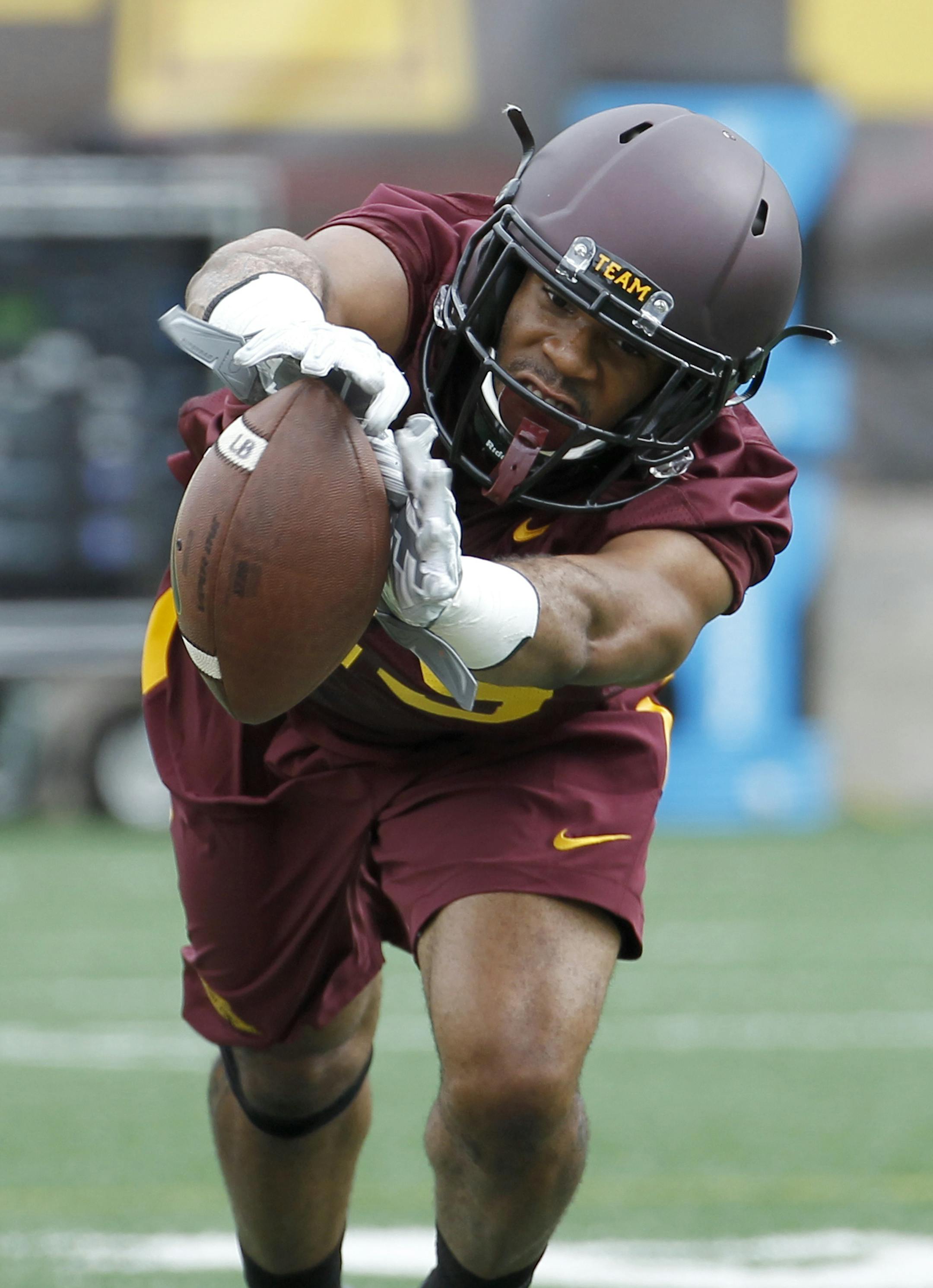 Minnesota defensive back Briean Boddy-Calhoun dives to block the ball during NCAA college football training camp in Minneapolis Friday, Aug. 7, 2015. (AP Photo/Ann Heisenfelt) ORG XMIT: MIN2015082120523258