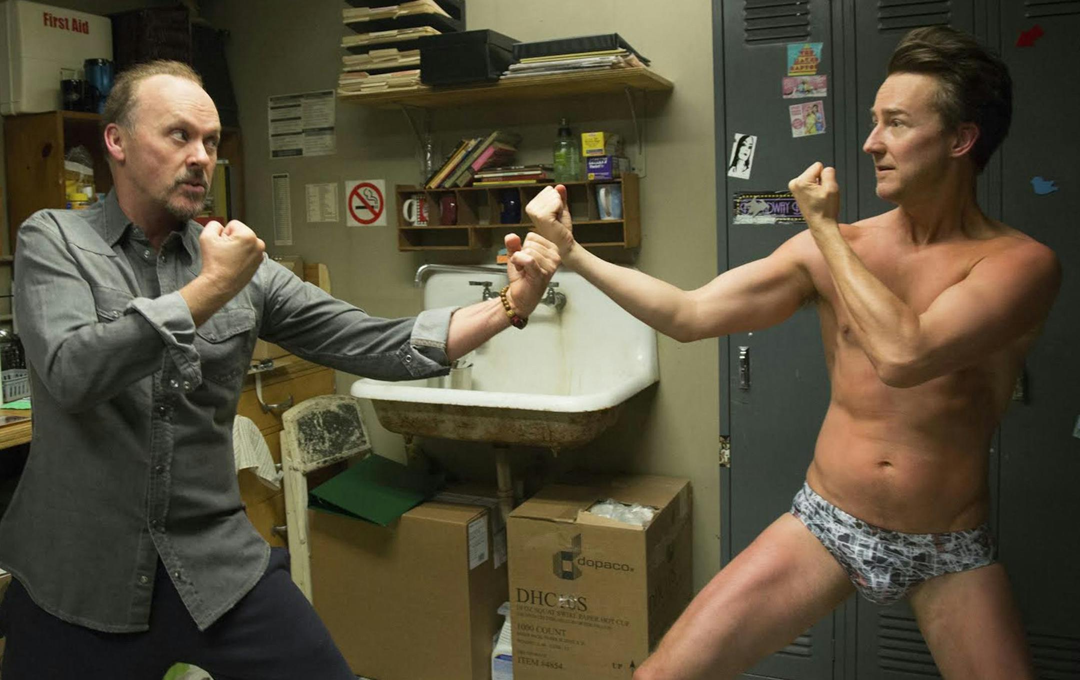 Michael Keaton as 'Riggan' and Edward Norton as 'Mark' in BIRDMAN. (MCT) ORG XMIT: 1156814