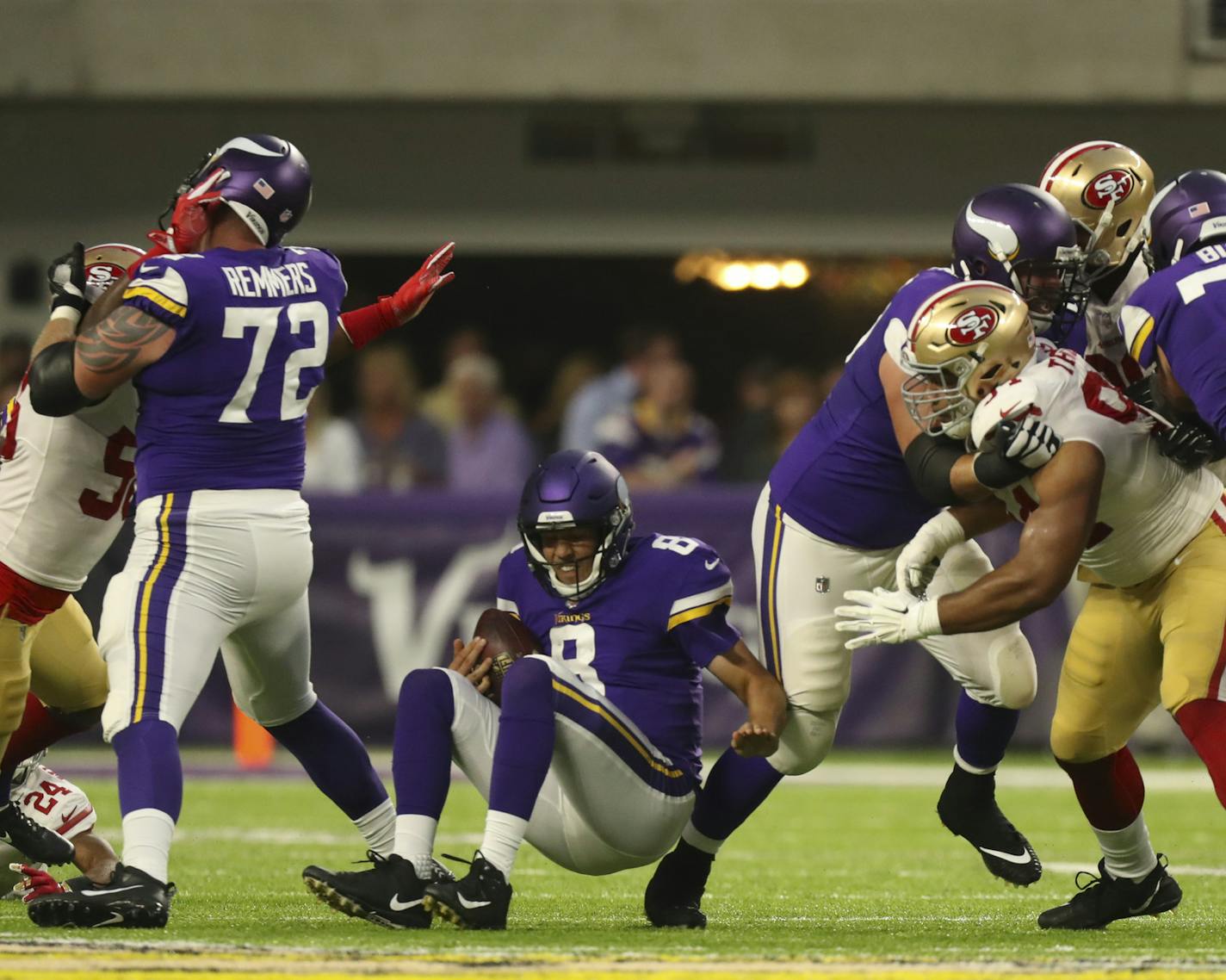 Minnesota Vikings quarterback Sam Bradford (8) was sacked for an eight yard loss by San Francisco 49ers defensive end Elvis Dumervil (58) in the first quarter. ] JEFF WHEELER &#xef; jeff.wheeler@startribune.com The Minnesota Vikings met the San Francisco 49ers in their third game of the NFL preseason Sunday night, August 27, 2017 at U.S. Bank Stadium in Minneapolis.