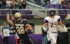 Caledonia wide receiver Cole Kronebusch (88) celebrated a touchdown before it was called back because of a holding call in the first half. Defending w