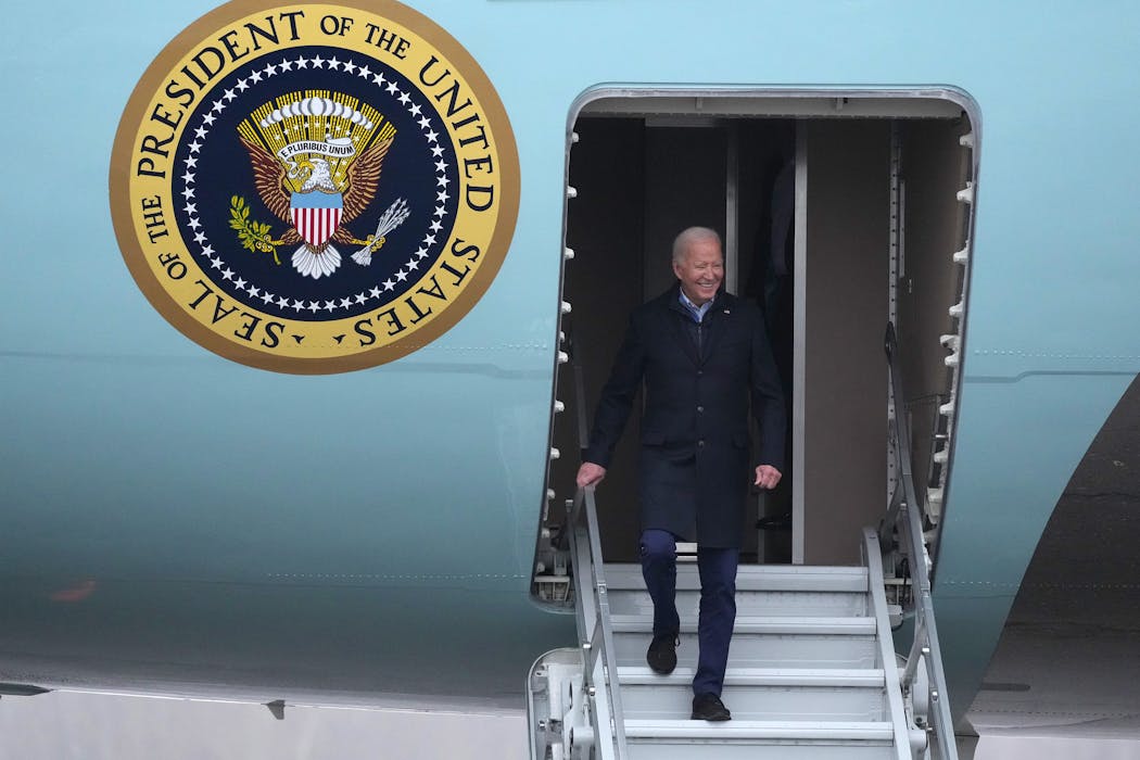 President Joe Biden deplaned Air Force One after landing at Duluth International Airport on Thursday for his visit to Superior, Wis. to tout a $1 billion federal grant to rebuild the Blatnik Bridge.