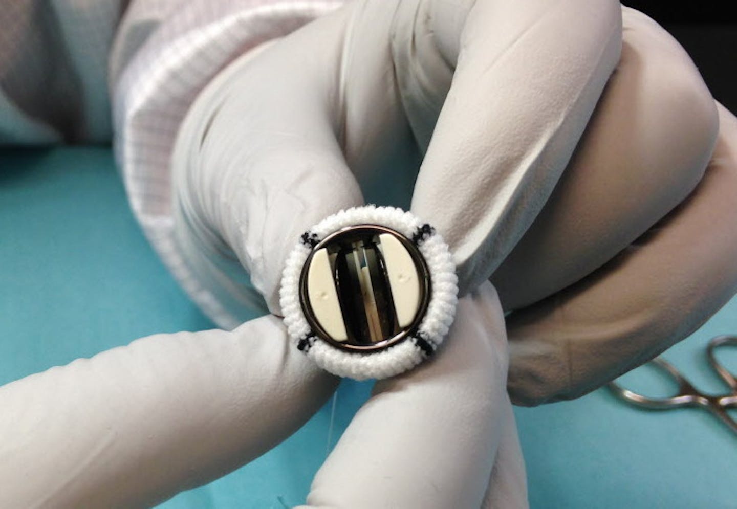 This is a picture of a 15mm heart valve being assembled in Little Canada by a St. Jude employee. I have others as well