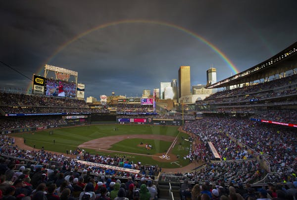 Those that waited out the rain delay were treated to a beautiful rainbow as Twins Brian Dozier took the plate in the Home Run Derby at Target Field.