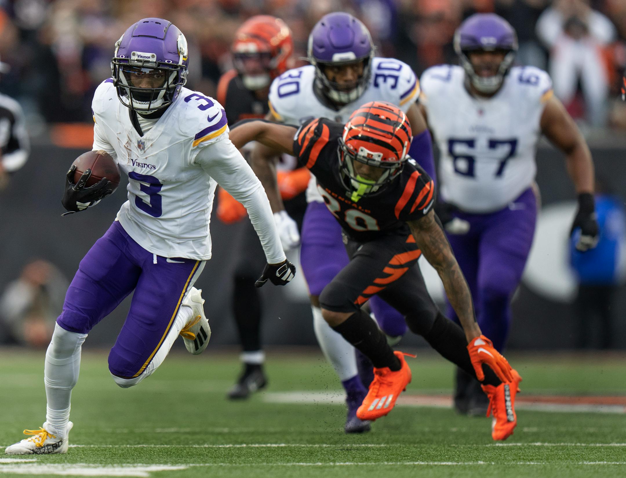 Minnesota Vikings wide receiver Jordan Addison (3) scored a touchdown on a 37 yard catch in the third quarter Saturday December ,16 ,2023 in,Cincinnati, OH. ] JERRY HOLT • jerry.holt@startribune.com