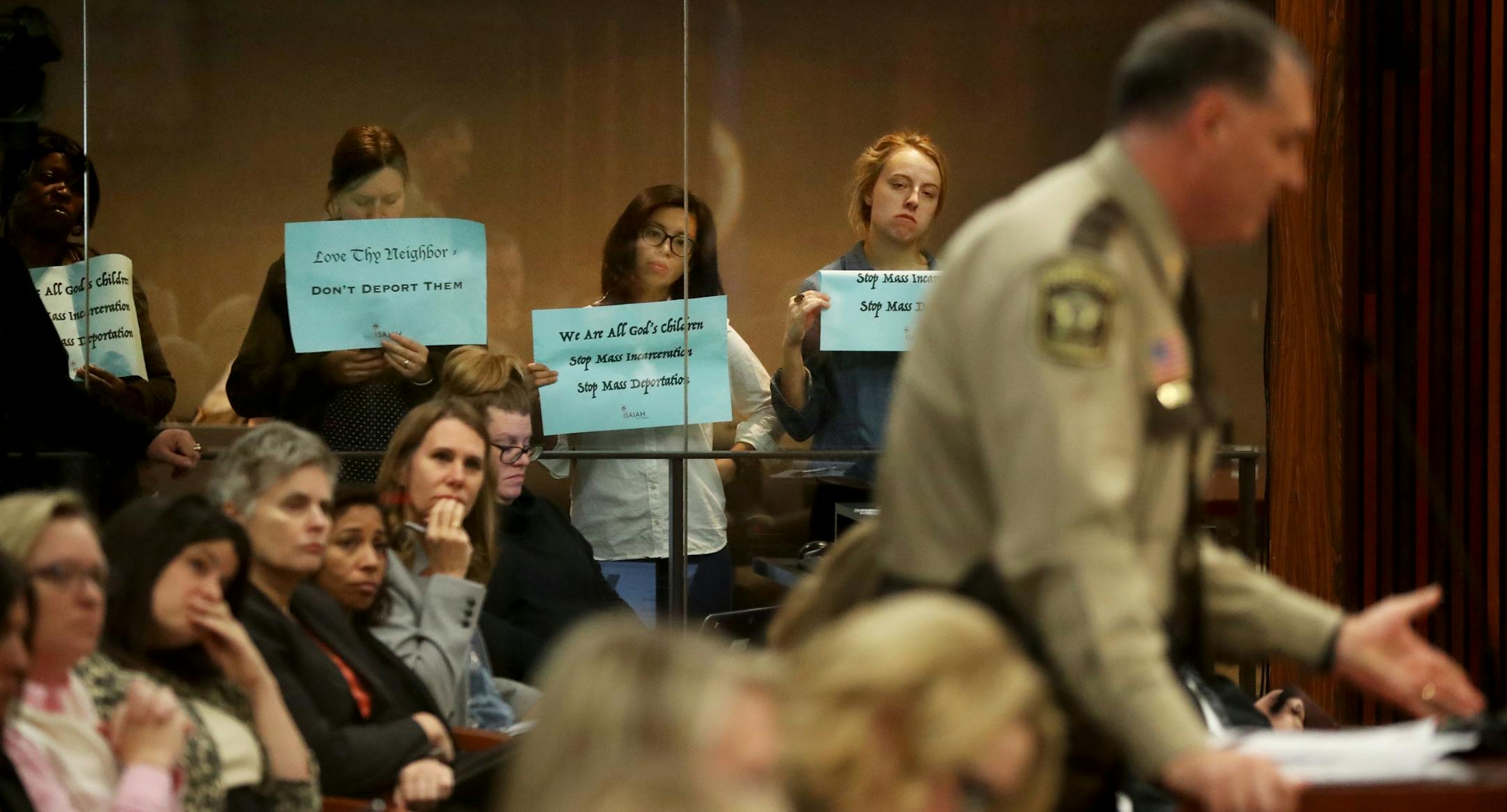 A coalition of Twin Cities advocates for immigrants and minority groups plans to showed up at a Hennepin County Board budget hearing to protest rising arrests and deportations of immigrants Tuesday, Nov. 21, 2017, at the Government Center in Minneapolis, MN.] DAVID JOLES ï david.joles@startribune.com A meeting of the Hennepin County Board public safety committee