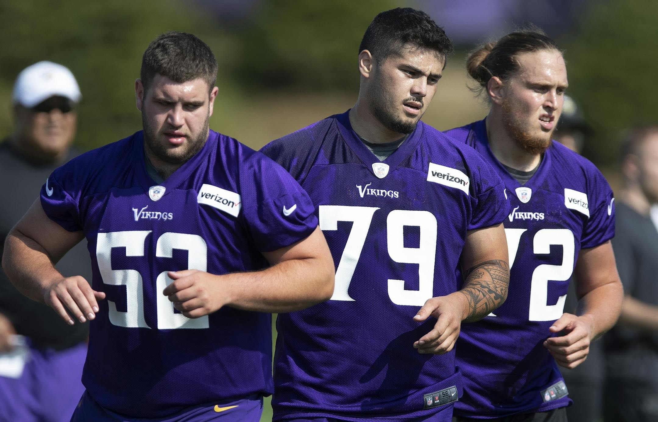 Vikings rookies John Keenoy left Tiano Pupungatoa and Storm Norton during the first day of training for Vikings rookies at TCO Performance Center July,23 2019 in Eagan, MN.