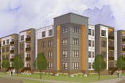 Project rendering of new apartments under construction near the Northstar Commuter Rail station in Coon Rapids.