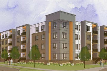 Project rendering of new apartments under construction near the Northstar Commuter Rail station in Coon Rapids.