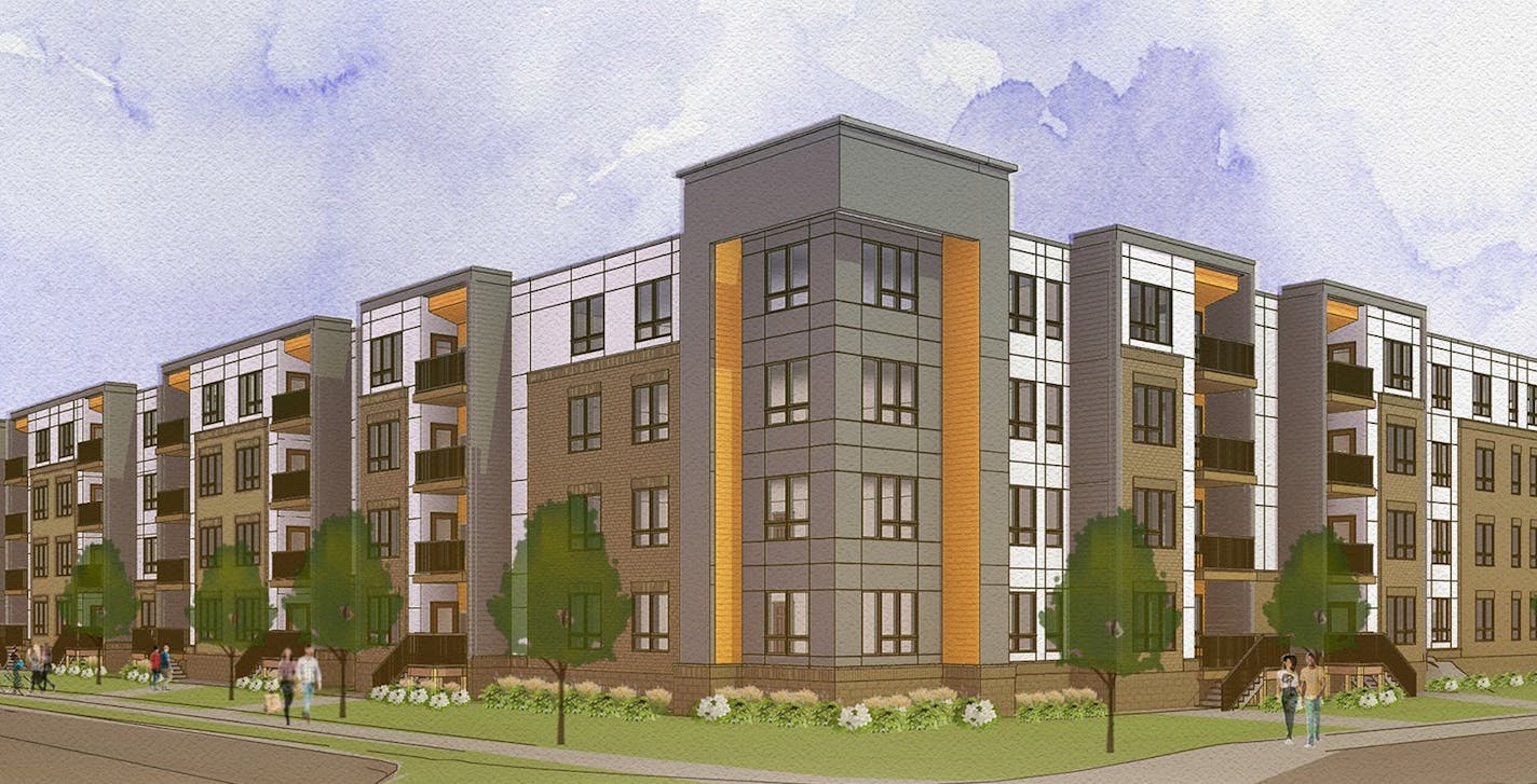 Project rendering of new apartments under construction near the Northstar Commuter Rail station in Coon Rapids.