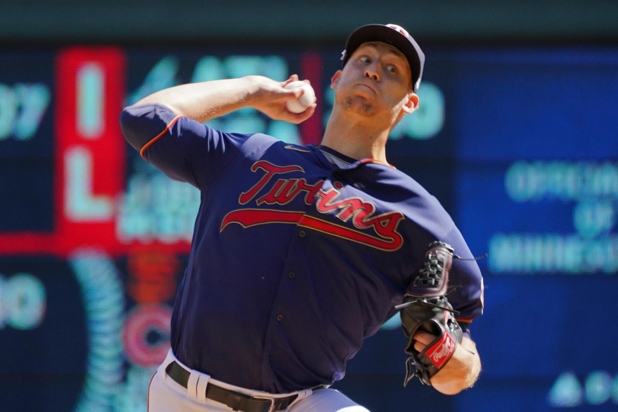 Minnesota Twins pitcher Josh Winder throws against the Cleveland Guardians in the first inning of a baseball game, Sunday, Sept 11, 2022, in Minneapolis. (AP Photo/Jim Mone)