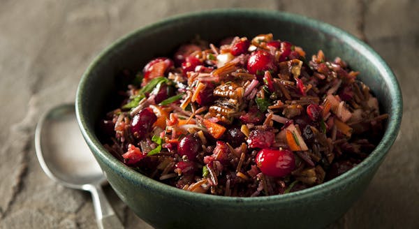 Wild Rice Salad with Fresh and Dried Cranberries in Maple Vinaigrette.
