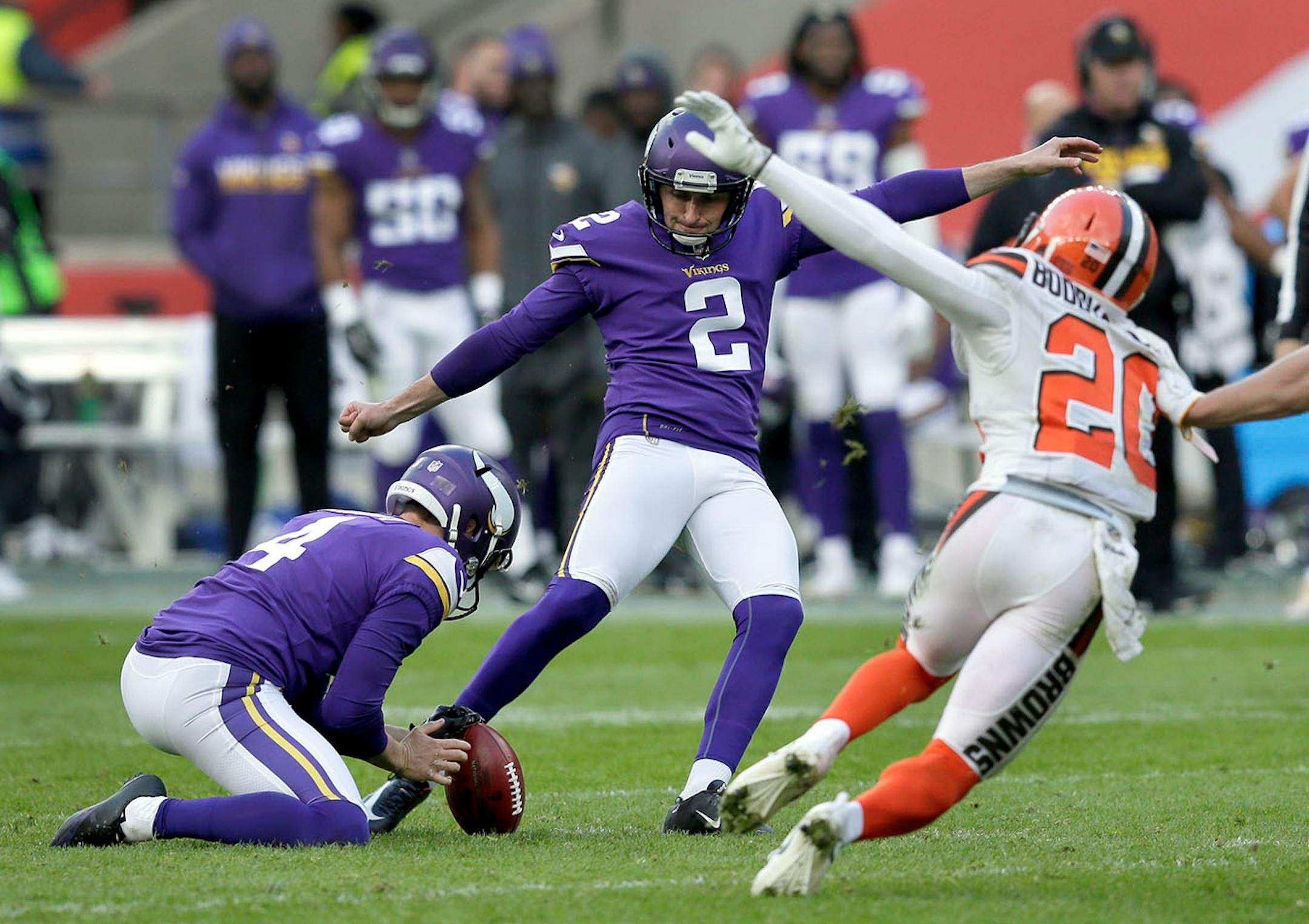 Minnesota Vikings place kicker Kai Forbath (2) made a 43-yard field goal during the second half against Cleveland last month.
