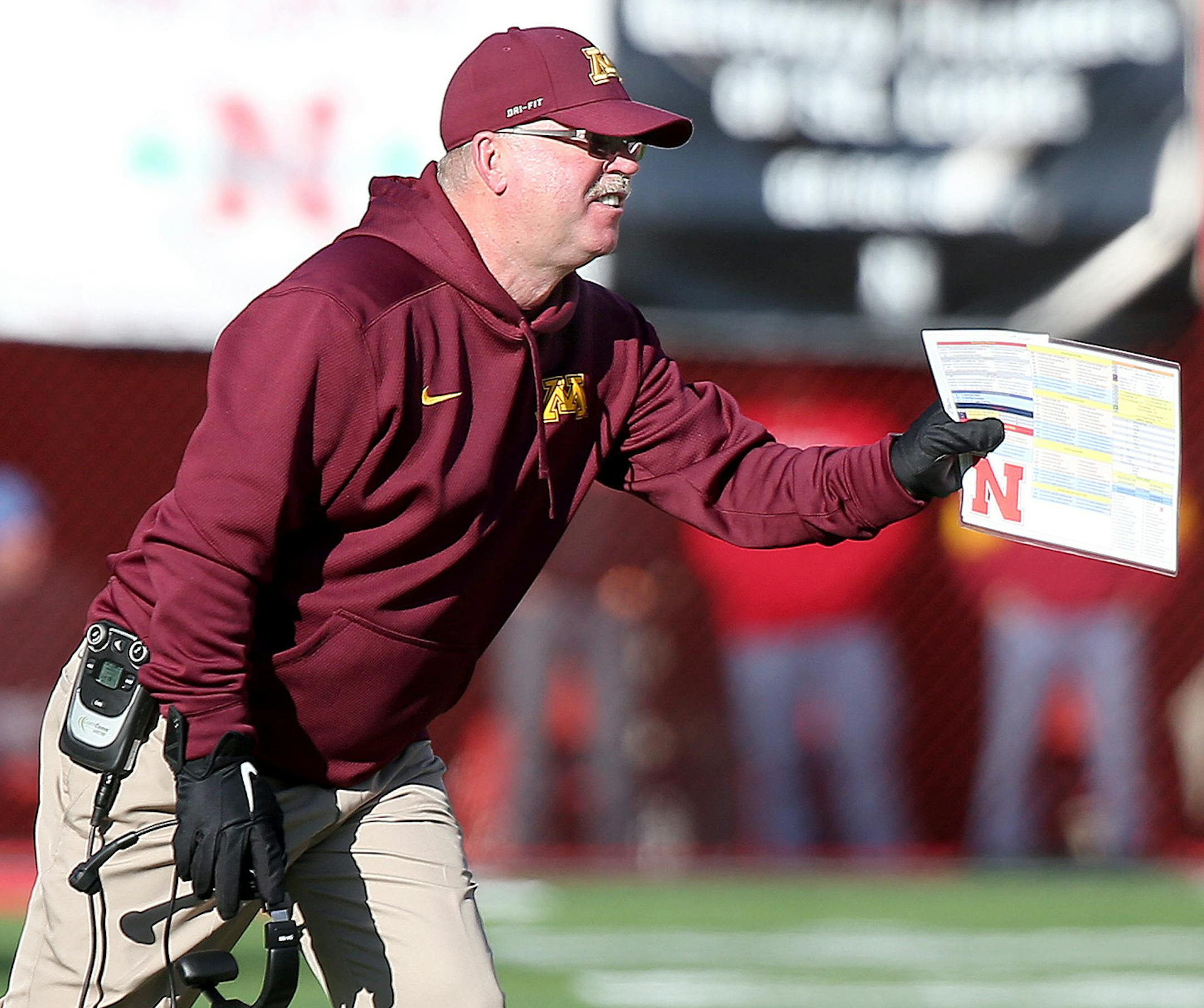 Minnesota's Jerry Kill coached last-minute plays in the fourth quarter as the Minnesota Gophers took on the Nebraska Cornhuskers at Memorial Stadium, Saturday, November 22, 2014 in Lincoln, NE. ] (ELIZABETH FLORES/STAR TRIBUNE) ELIZABETH FLORES • eflores@startribune.com