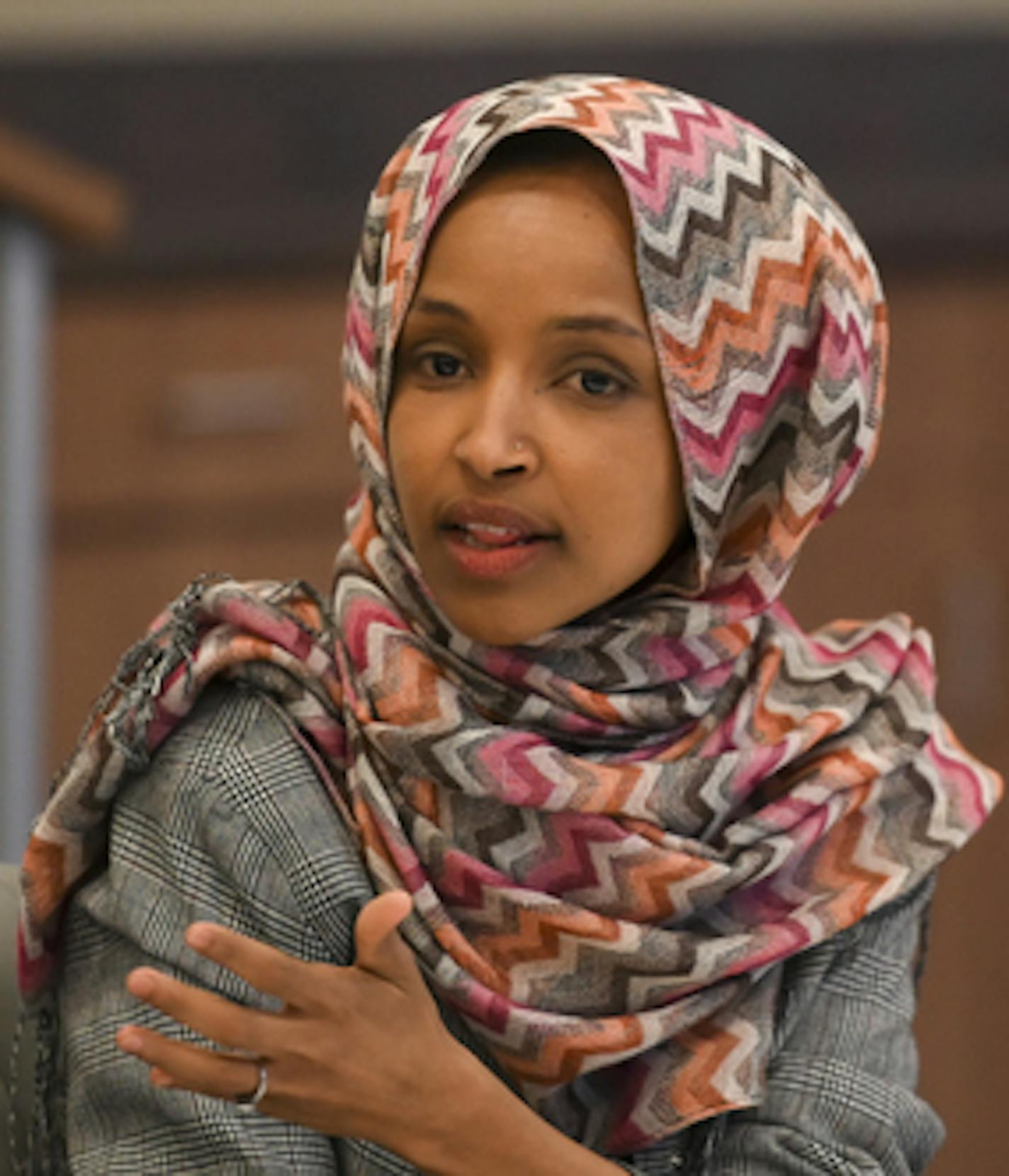 Rep. Ilhan Omar spoke to attendees of an immigration round table discussion Tuesday in Minneapolis. ] Aaron Lavinsky &#xa5; aaron.lavinsky@startribune.com Rep. Ilhan Omar held an immigration round table discussion "to discuss immigration issues with leading advocates and organizers in the district" on Tuesday, Feb. 19, 2019 in Minneapolis, Minn.