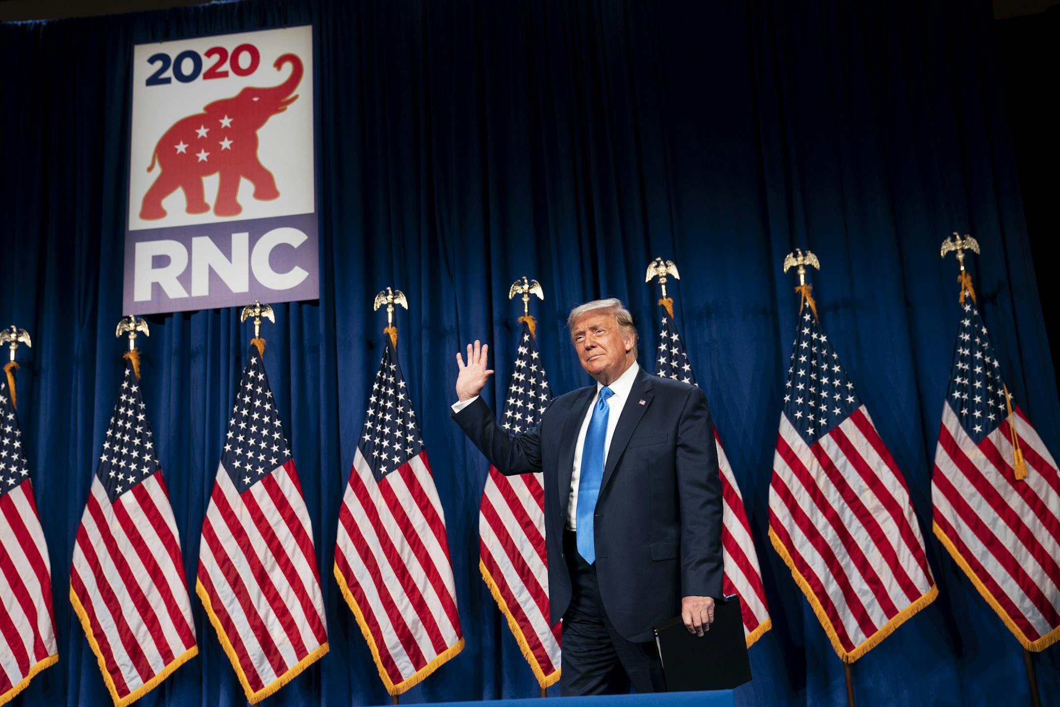 President Donald Trump arrives to address the Republican National Convention, in Charlotte, N.C., Monday afternoon, Aug. 24, 2020. Six months after Trump's Senate trial, what was once seen as the battle of a generation has essentially vanished from the political landscape, all but unmentioned at either party's convention. (Doug Mills/The New York Times)