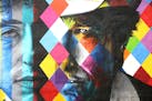 Bob Dylan turns 75, and is remembered in Minneapolis with a mural, 5 stories high, by Brazillian artist Kobra- with multiple images of Bob Dylan.