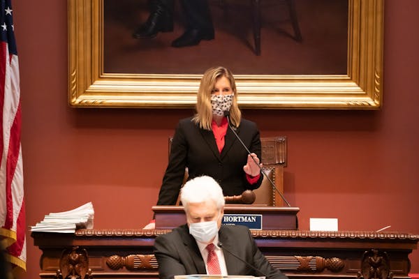 A masked House Speaker Melissa Hortman, DFL-Brooklyn Park prepared for the House Session under social distancing.