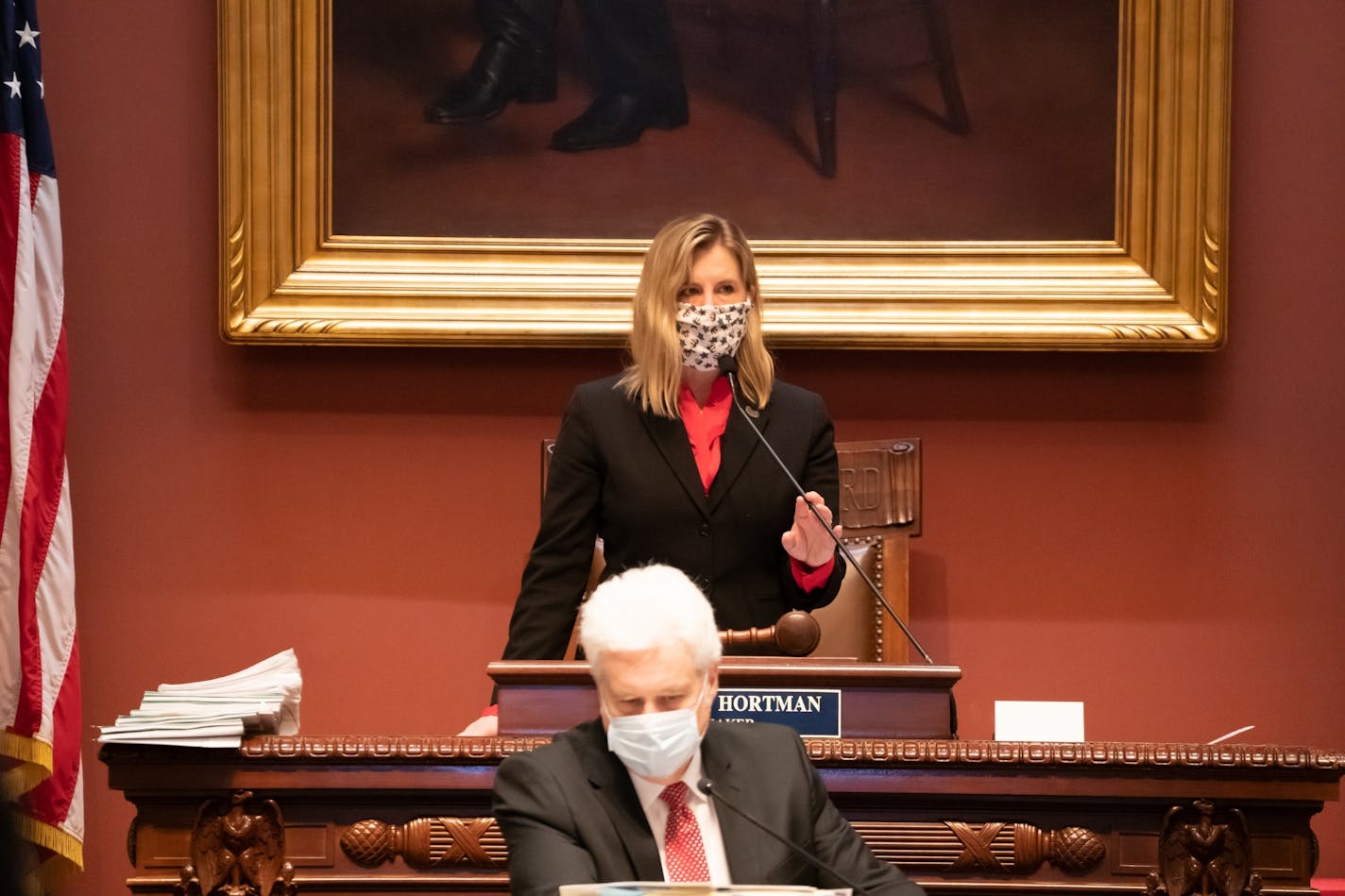 A masked House Speaker Melissa Hortman, DFL-Brooklyn Park prepared for the House Session under social distancing.