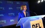 Sen. Tina Smith gave her acceptance speech Tuesday night at the DFL headquarters election party in St. Paul.