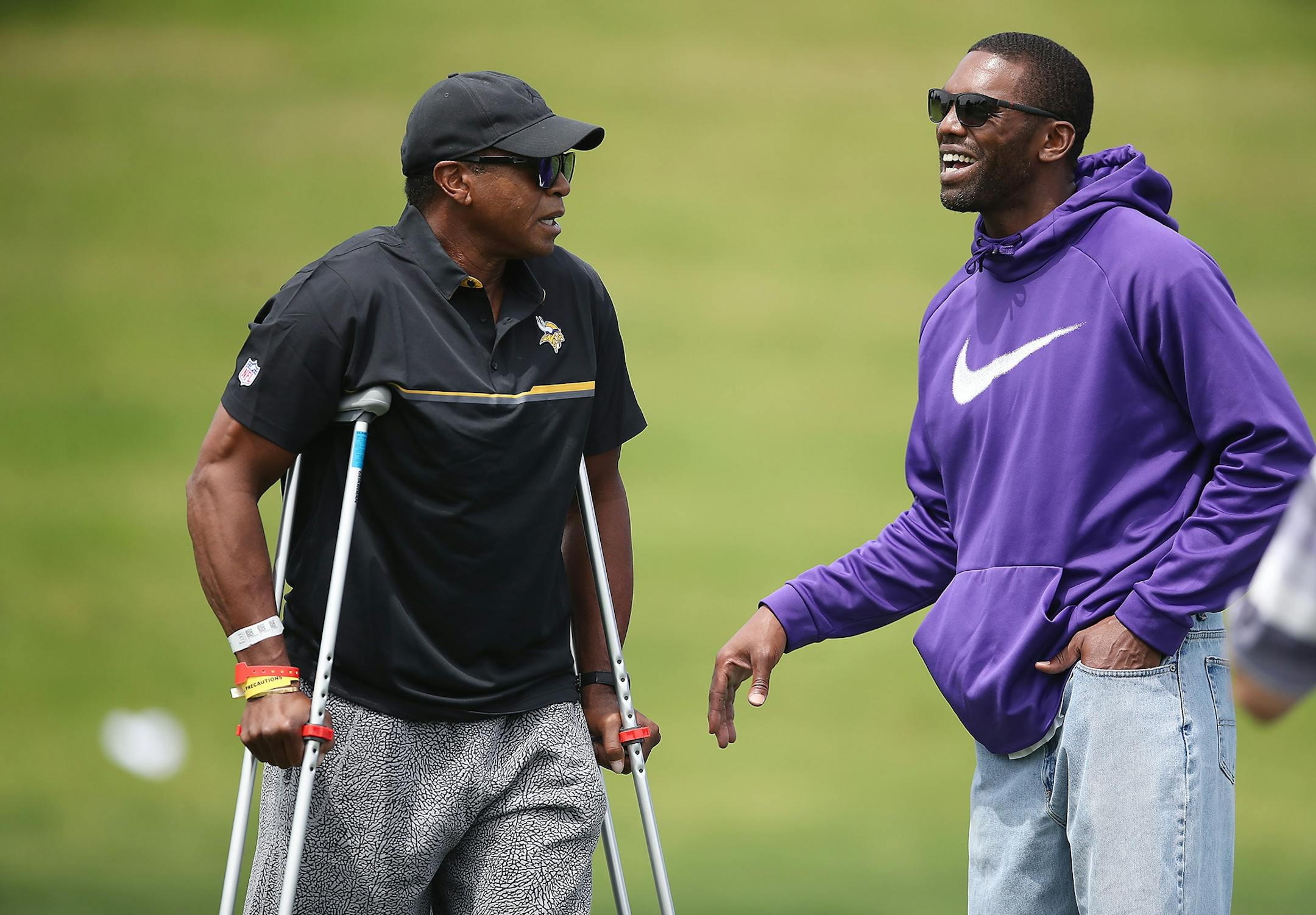 Legendary wide receivers Randy Moss and Ahmad Rashad made a surprise visit to the practice field at Winter Park, Wednesday, June 14, 2017 in Eden Prairie, MN. They were inducted in the club's Ring of Honor.