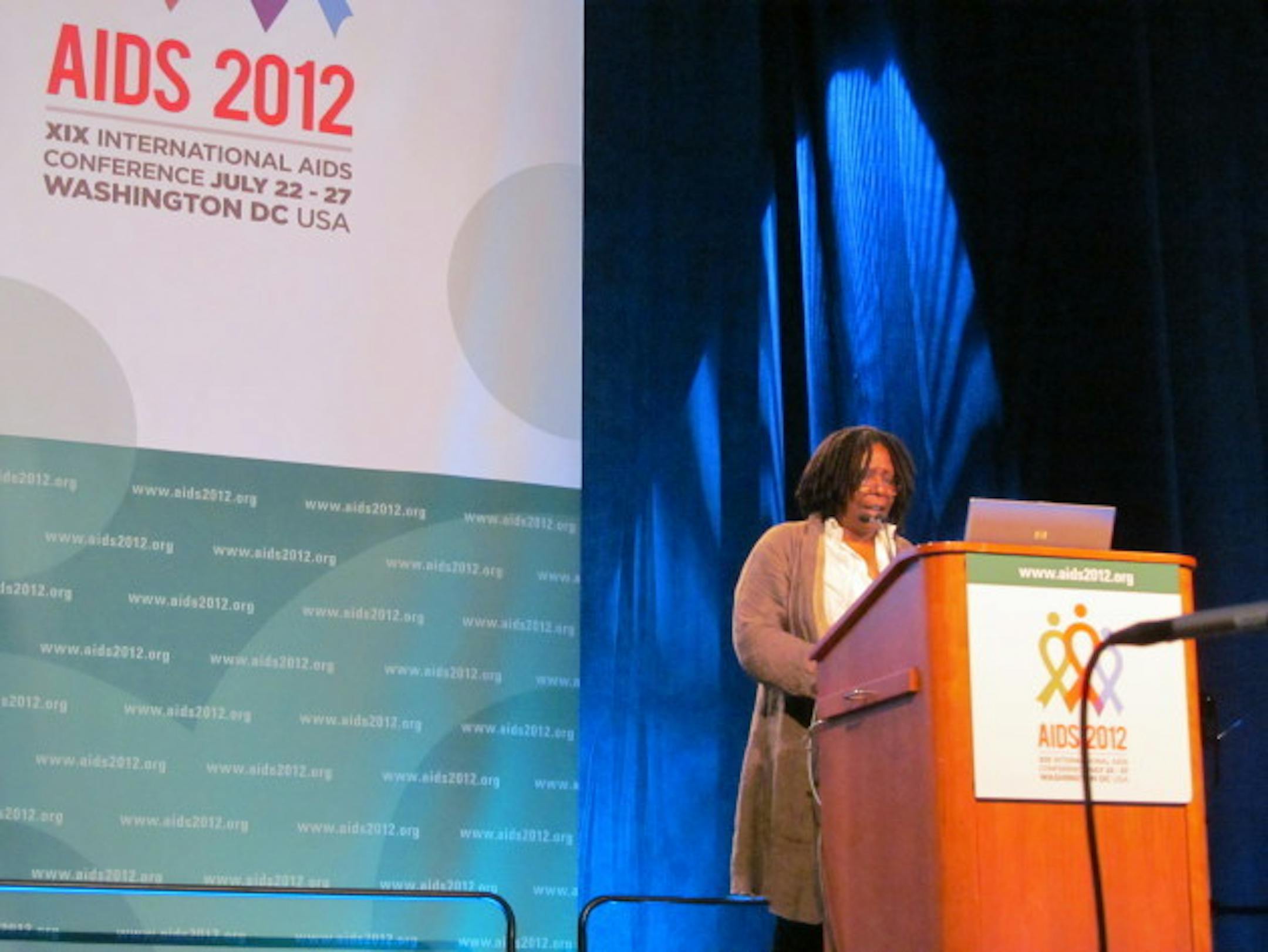 Actress Whoopi Goldberg takes the stage at the XIX International AIDS Conference. Alvin Tran.